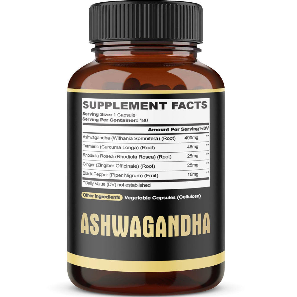 Ashwagandha Supplement Capsules - Ginger Root, Turmeric, Rhodiola Rosea & Black Pepper - 180 Capsules
