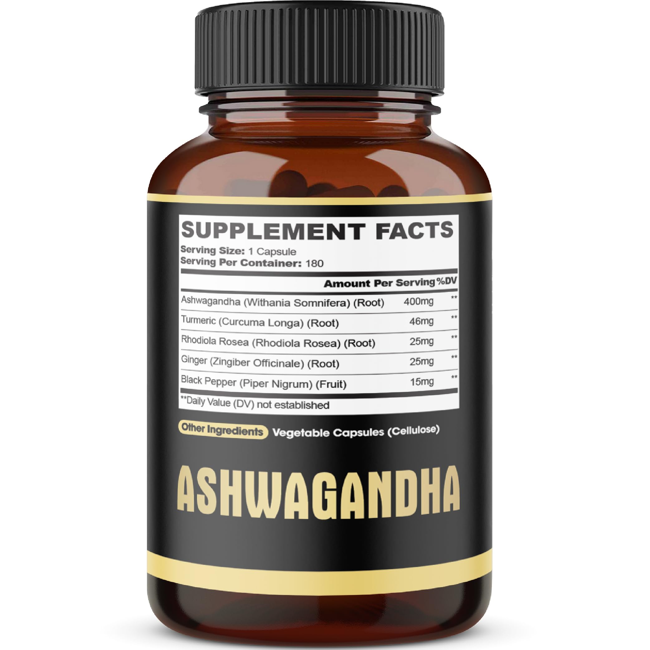 Ashwagandha Supplement Capsules - Ginger Root, Turmeric, Rhodiola Rosea & Black Pepper - 180 Capsules
