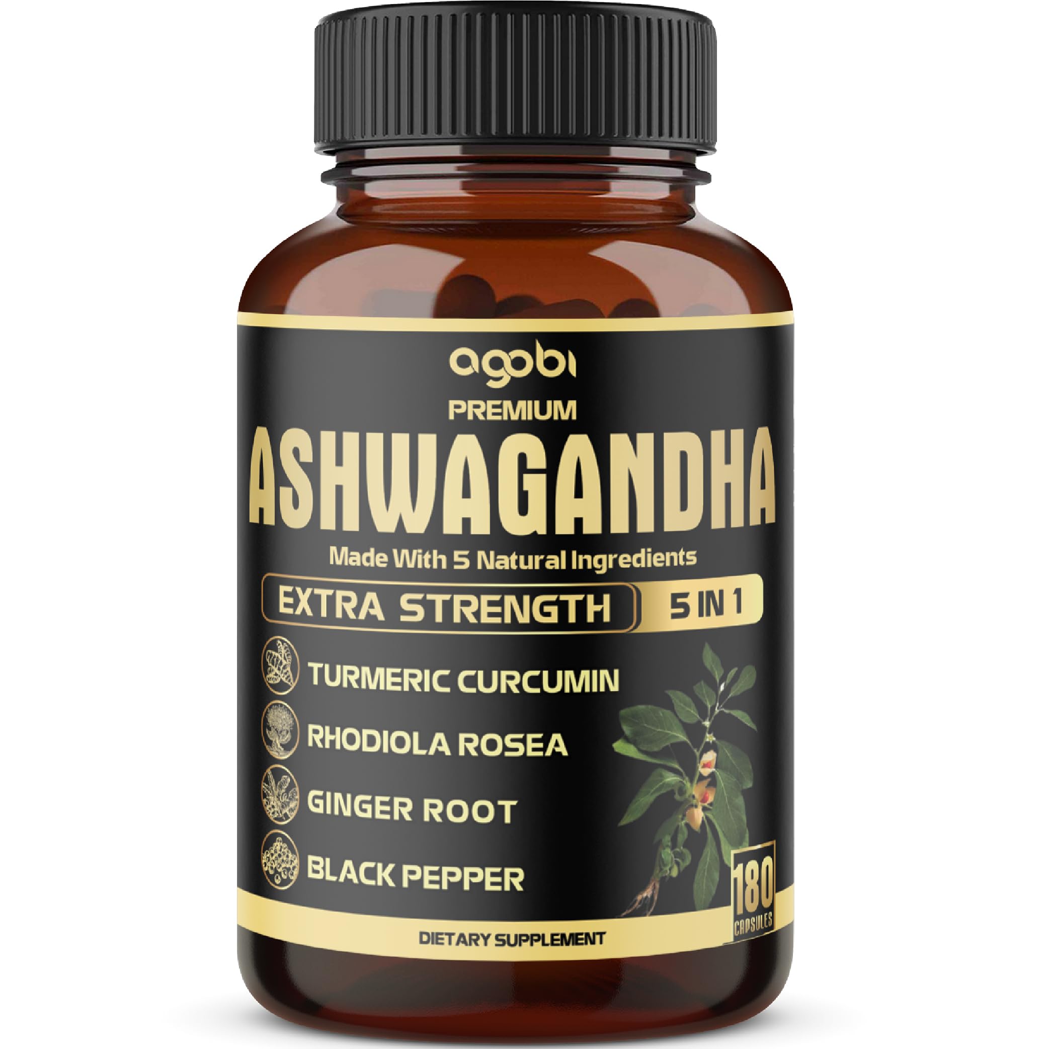 Ashwagandha Supplement Capsules - Ginger Root, Turmeric, Rhodiola Rosea & Black Pepper - 180 Capsules