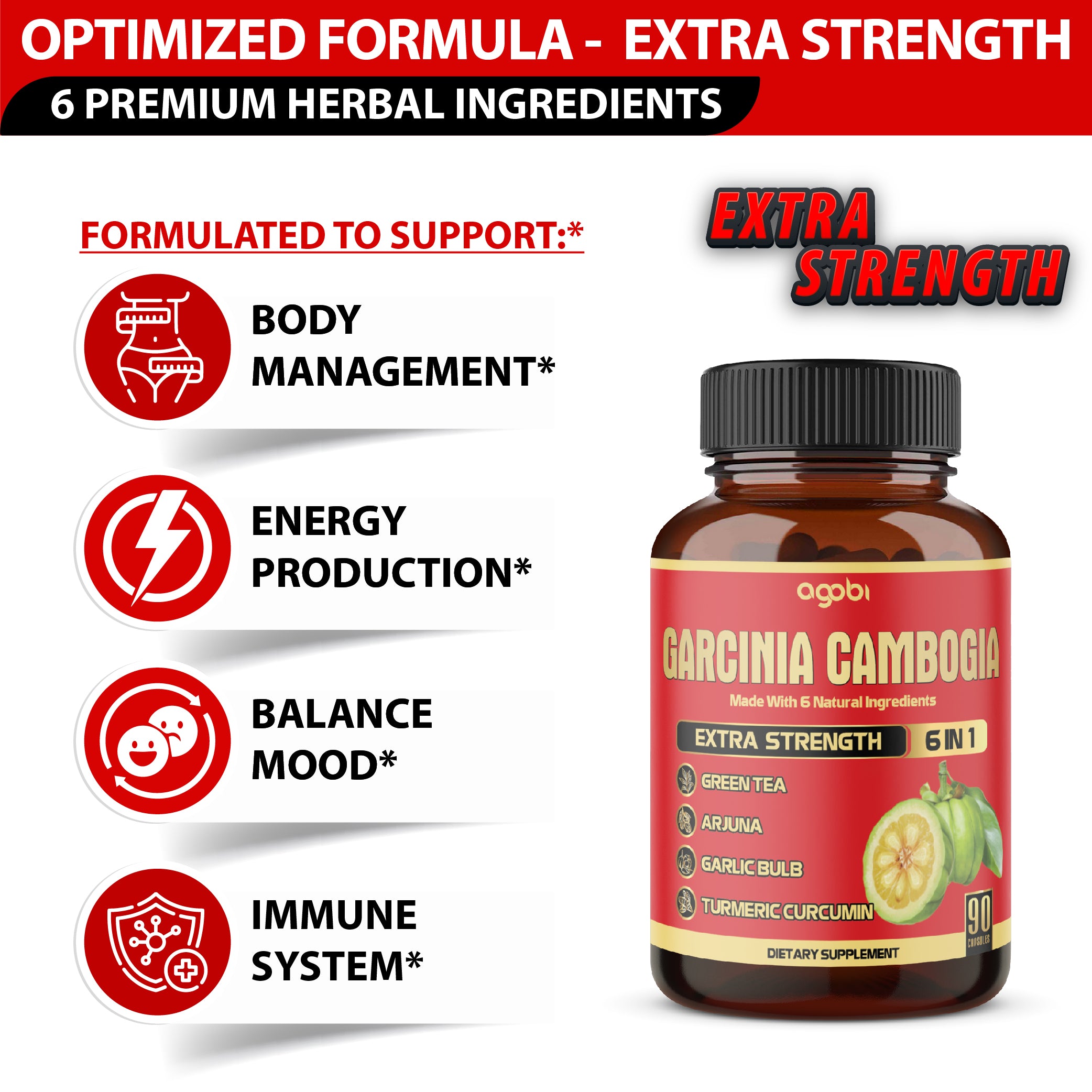 Pure Garcinia Cambogia Capsules - 6in1 with Green Tea, Arjuna, Garlic Bulb, Turmeric & Black Pepper - 90 Counts