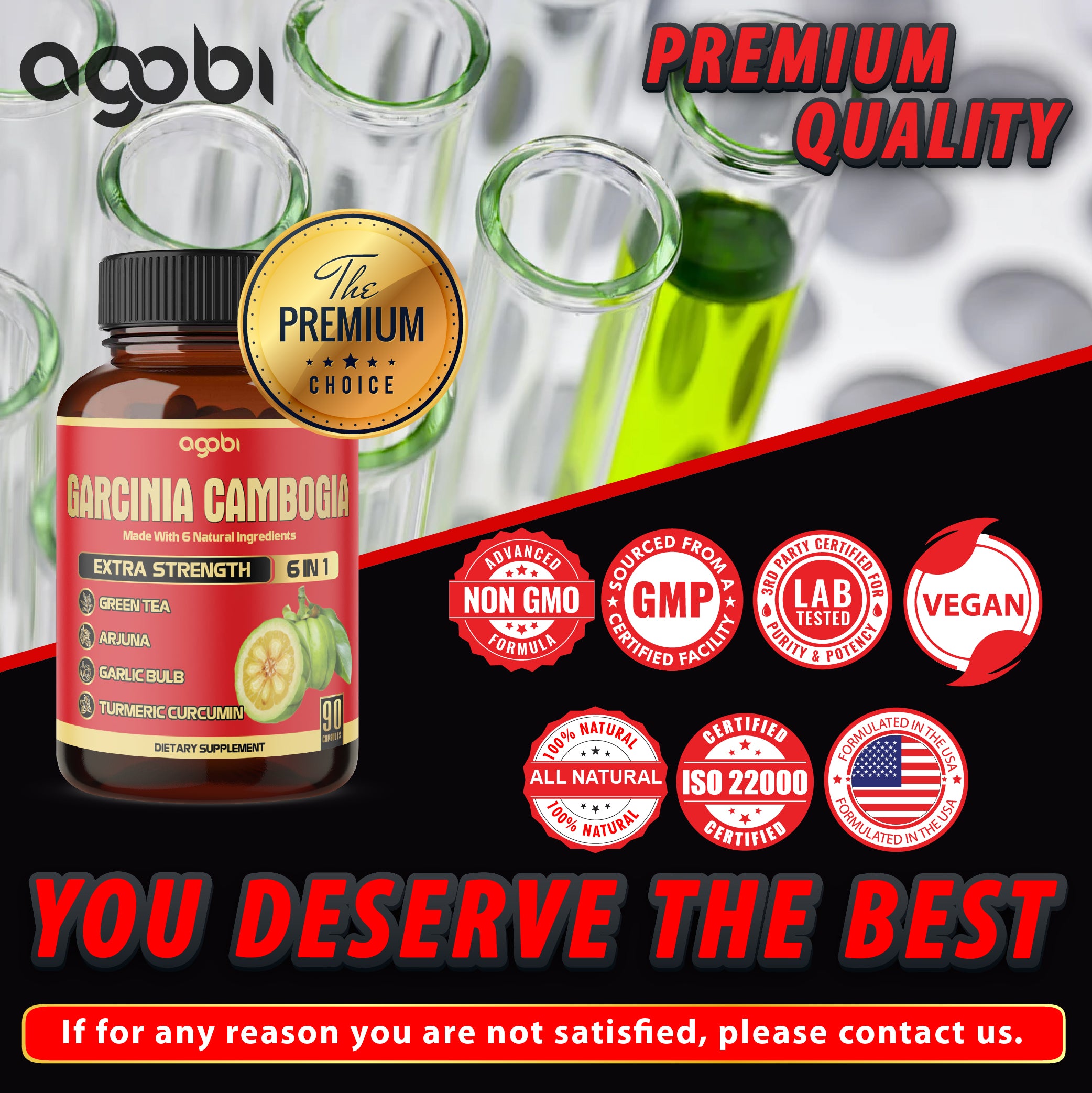 Agobi 6-in-1 Garcinia Cambogia Blend Supplement – Premium Fruit Extract with Green Tea, Arjuna, Garlic Bulb & Turmeric | 90 Vegan Capsules