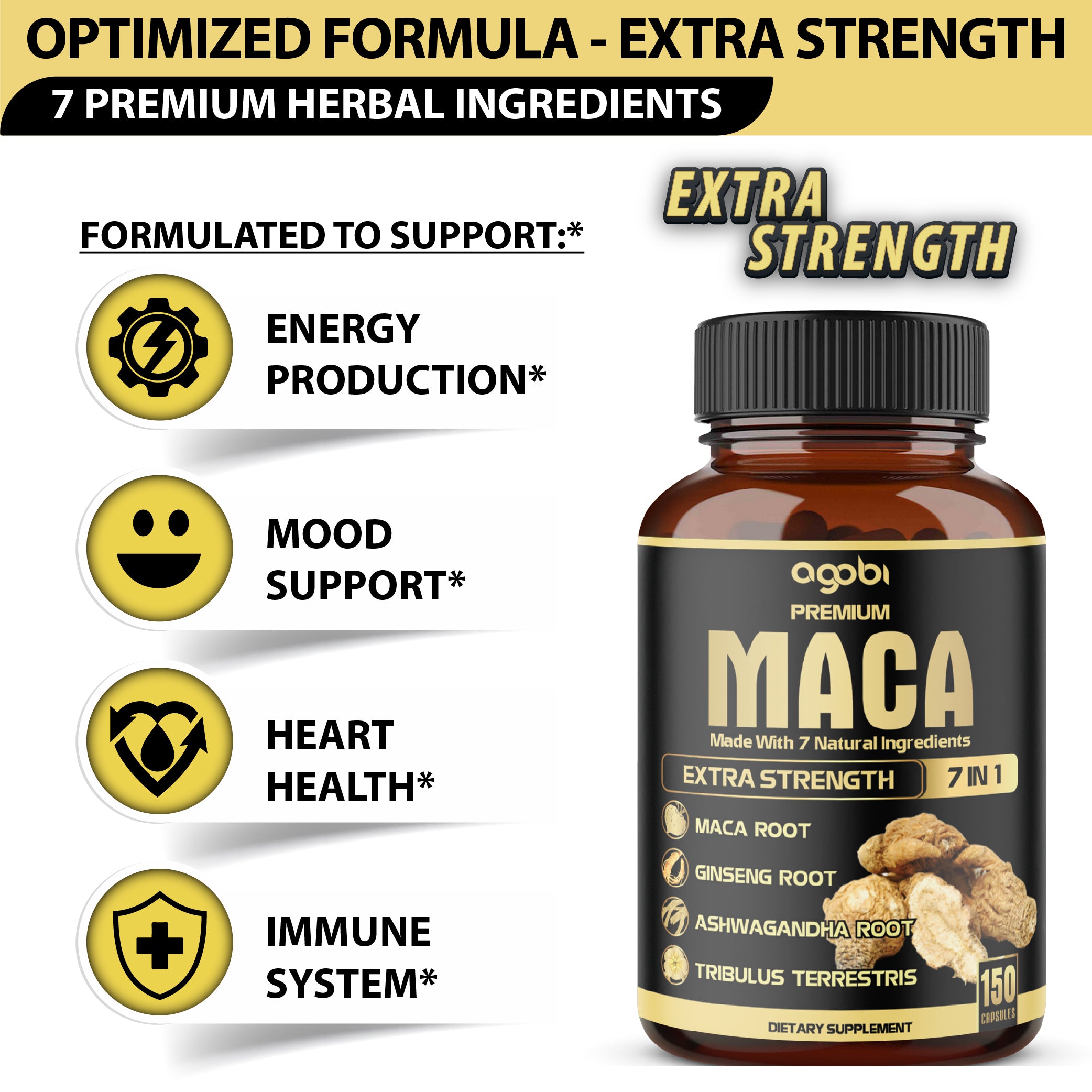 7in1 Premium Maca Root Capsules - with Ashwagandha, Ginseng, Tribulus, Shilajit, Shatavari &amp; Black Pepper - Natural Energy, Performance &amp; Mood Support - 150 Counts for 5 Months
