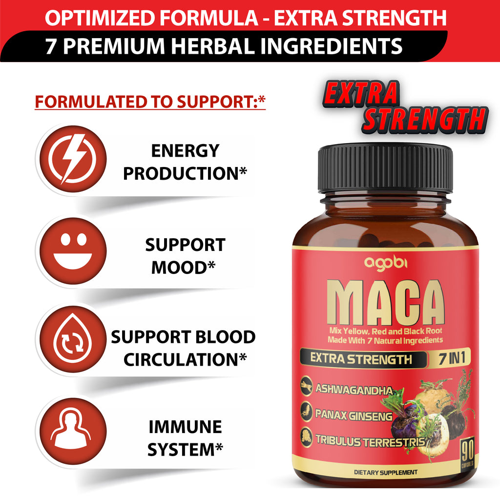 Agobi 7-in-1 Maca Root Complex – High Potency Formula with Ashwagandha, Ginseng & Shilajit | Energy, Muscle & Immune Support | 90 Vegan Capsules