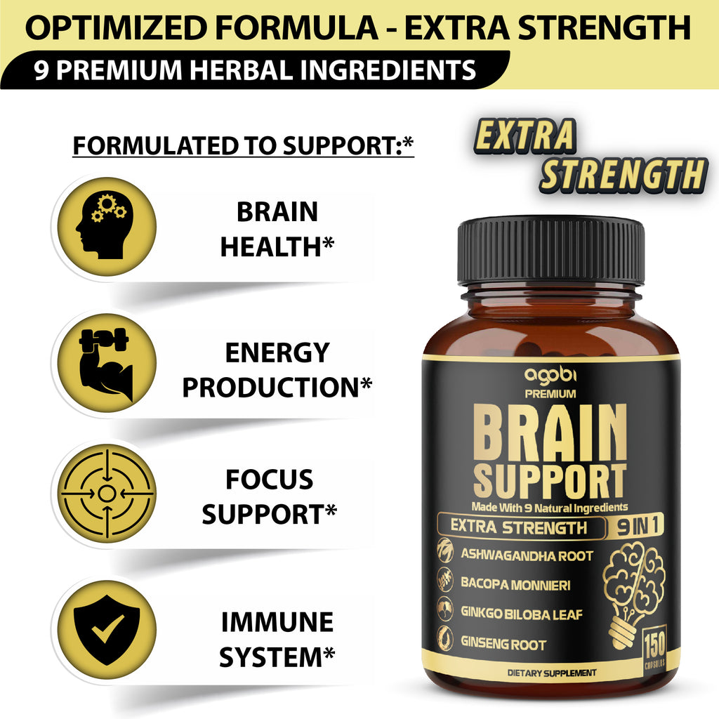 Agobi 9-in-1 Brain Support Supplement – Advanced Blend with Ashwagandha, Panax Ginseng, Gotu Kola & Ginkgo Biloba | 150 Vegan Capsules for 5 Months