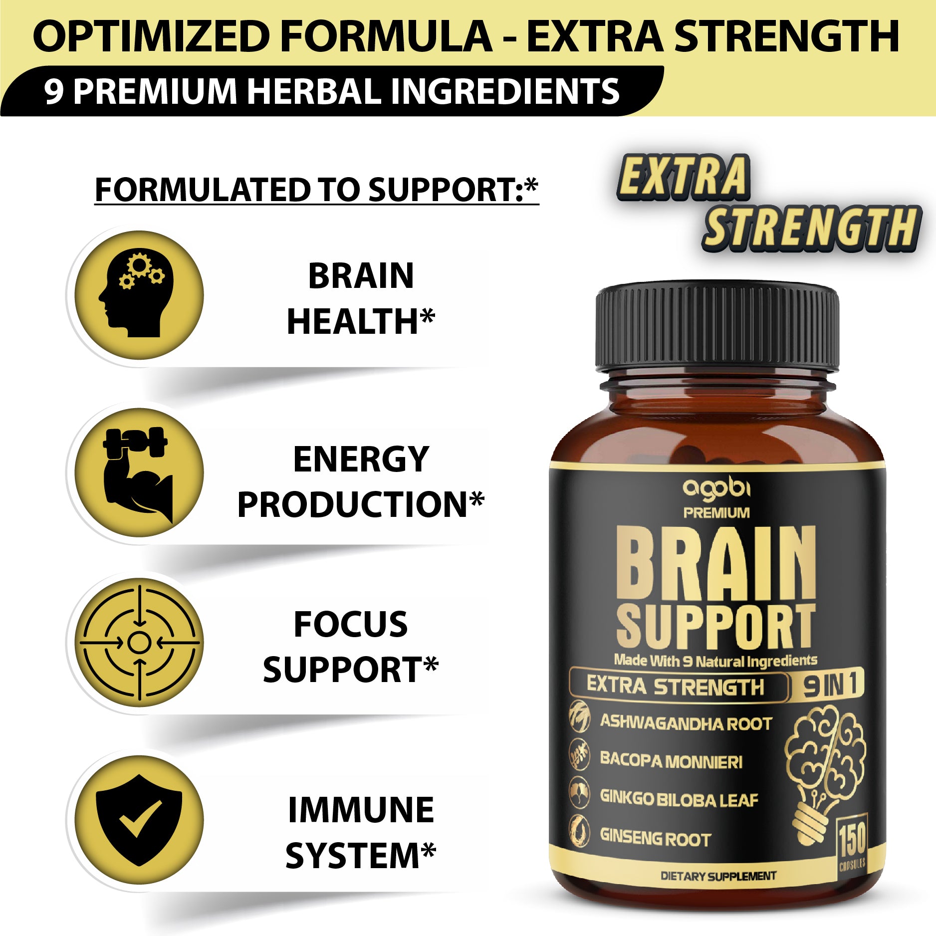 agobi 9in1 Brain Support Supplement - Blended with Ashwagandha, Panax Ginseng, Gotu Kola, Ginkgo Biloba, Black Pepper & More - Accuracy, Focus, Memory & Energy Booster - 150 Capsules for 5 Months