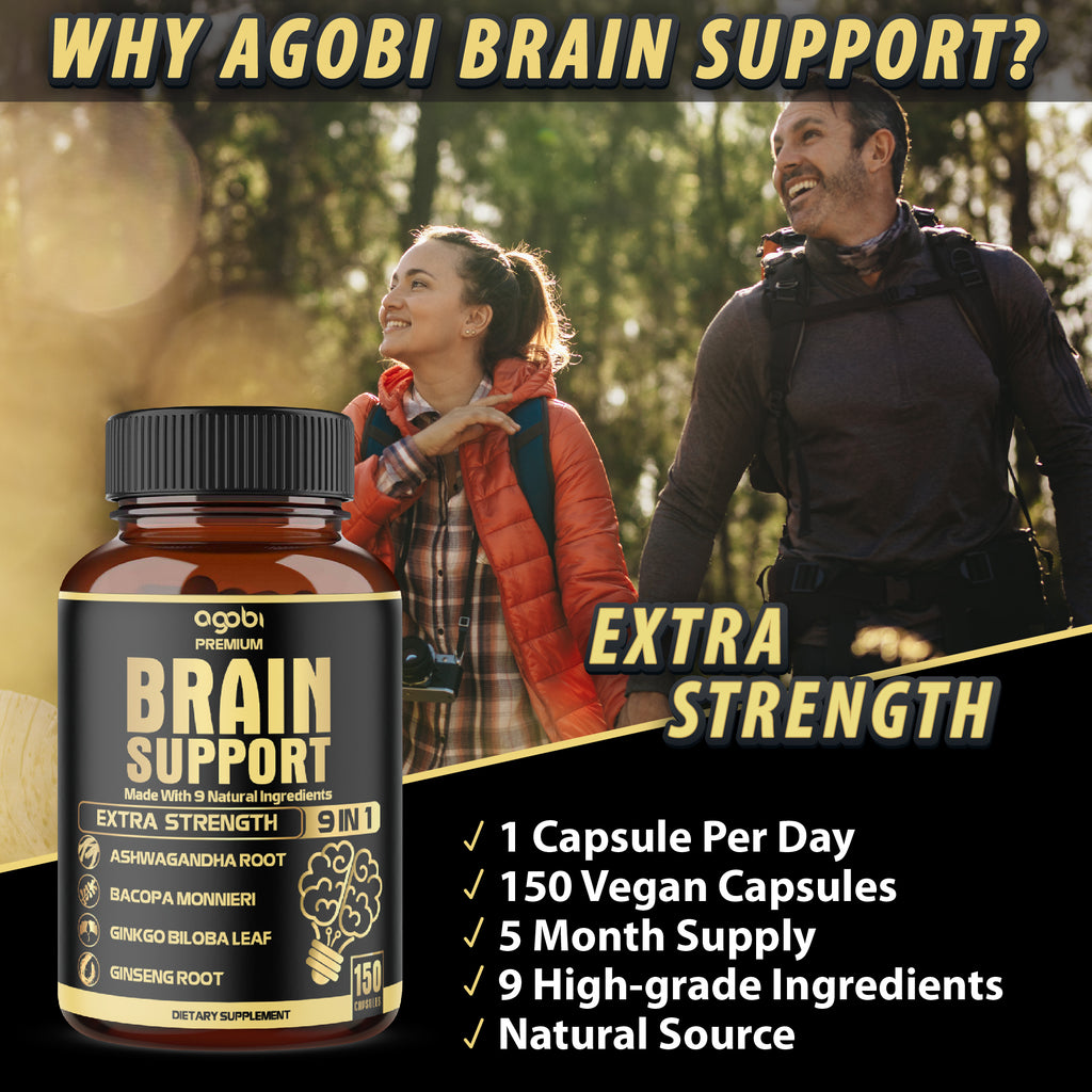 Agobi 9-in-1 Brain Support Supplement – Advanced Blend with Ashwagandha, Panax Ginseng, Gotu Kola & Ginkgo Biloba | 150 Vegan Capsules for 5 Months