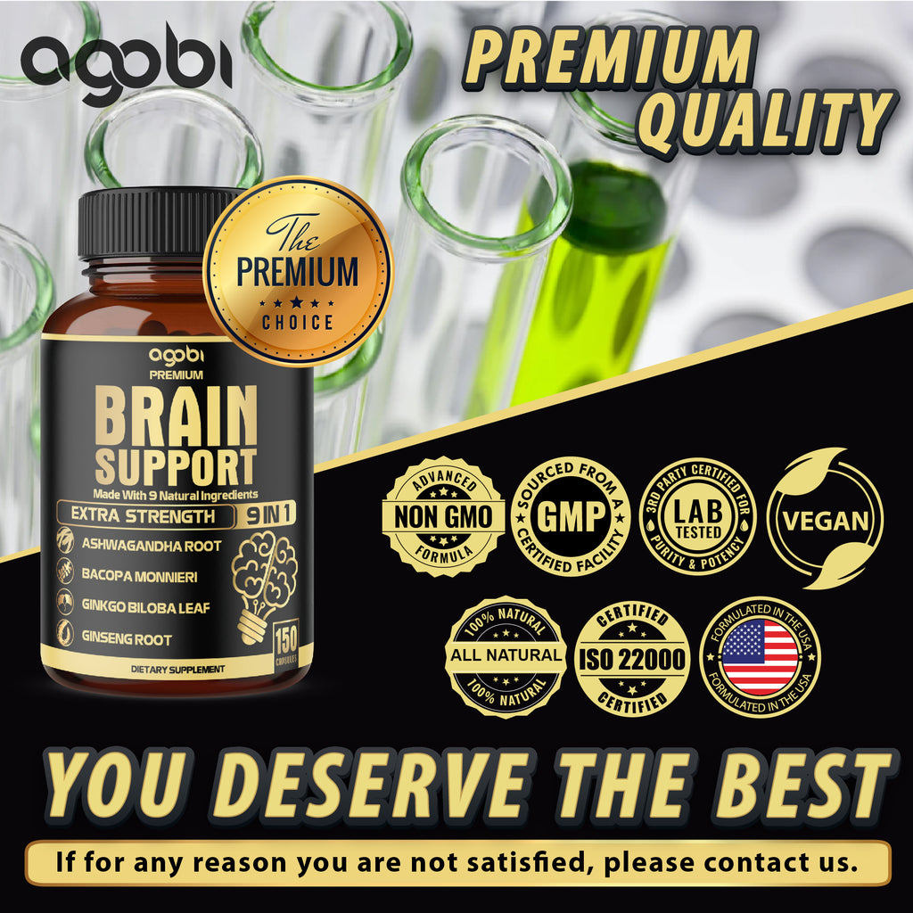 Agobi 9-in-1 Brain Support Supplement – Advanced Blend with Ashwagandha, Panax Ginseng, Gotu Kola & Ginkgo Biloba | 150 Vegan Capsules for 5 Months