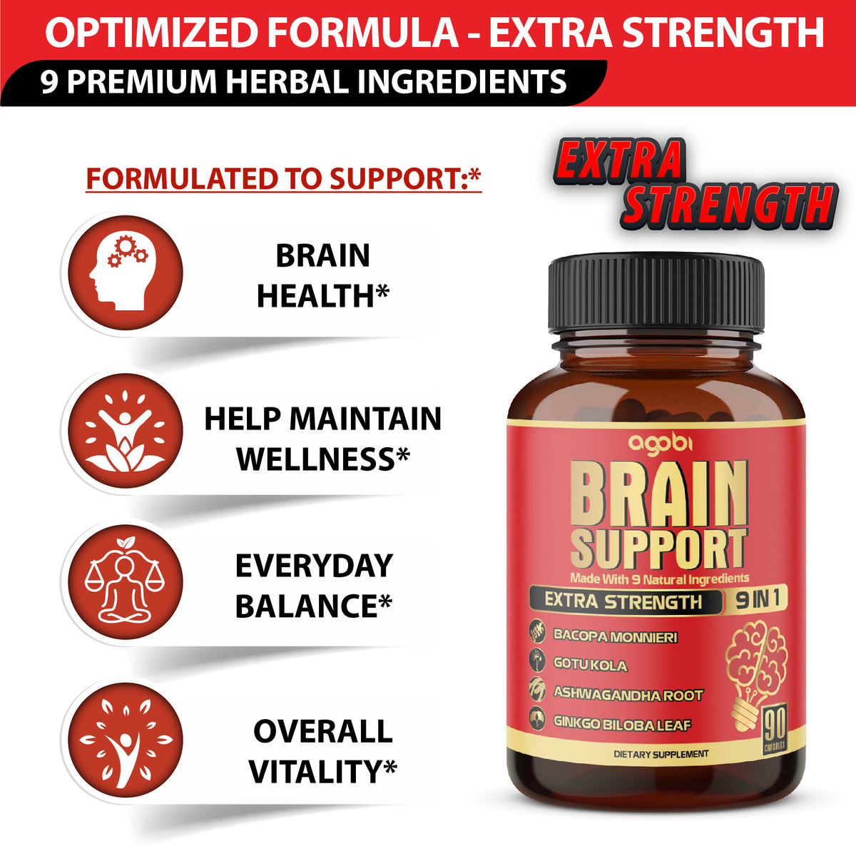Brain Support 9-in-1 Capsules – Bacopa Monnieri, Gotu Kola, Ashwagandha, and Ginkgo Biloba | High Potency & Mental Focus | 90 Vegan Capsules