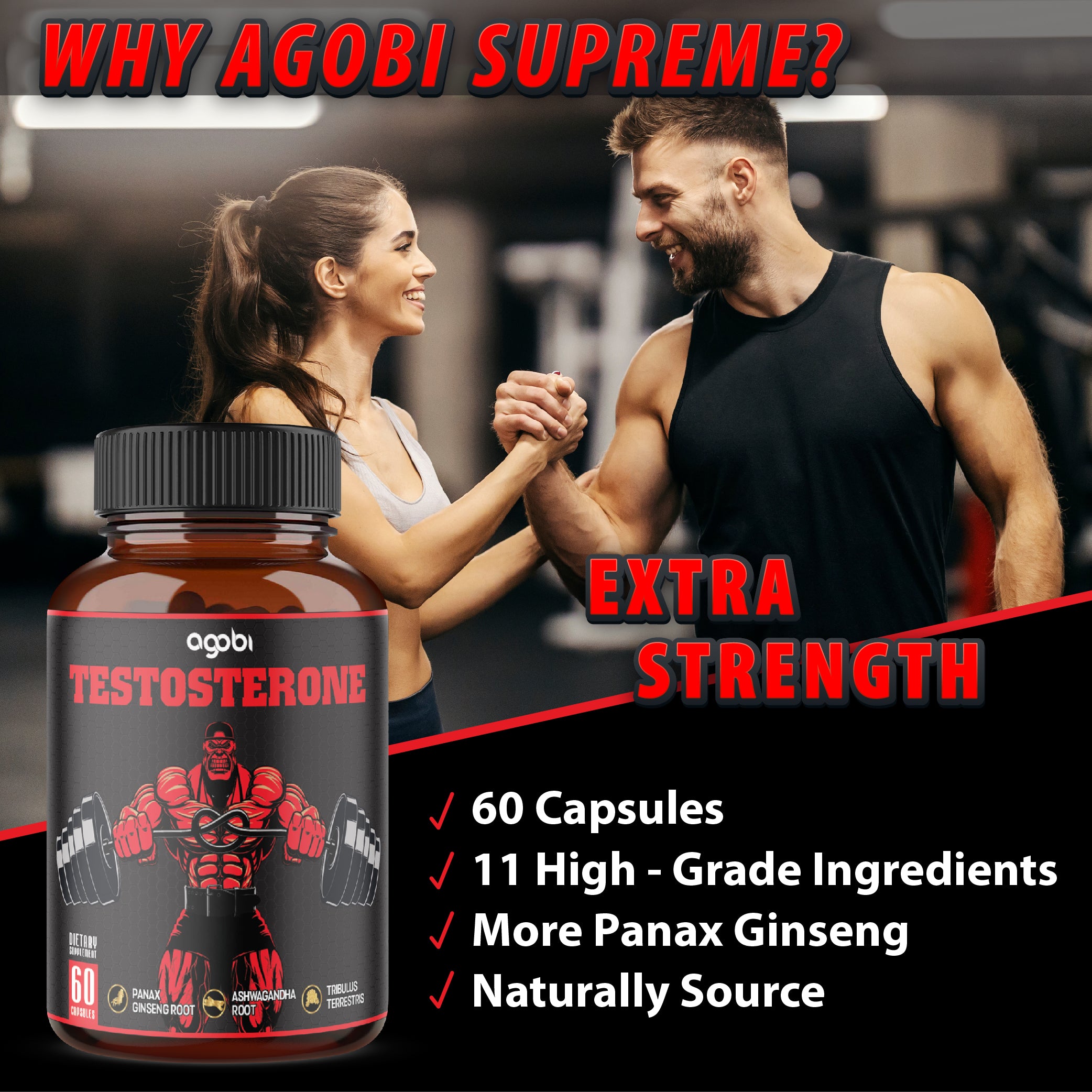 Agobi 11-in-1 Testosterone Support Complex – High Potency Formula with Ashwagandha, Tribulus & Ginseng | Muscle Support, Stamina & Energy | 60 Vegan Capsules