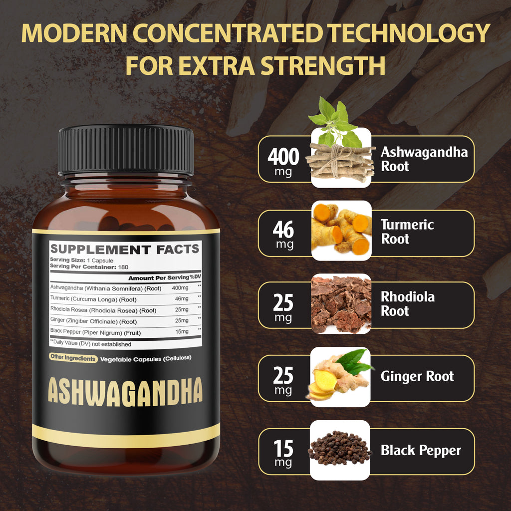 Ashwagandha 5-in-1 Capsules – Turmeric, Rhodiola Rosea, Ginger, and Black Pepper | Daily Balance & Energy Support | 180 Vegan Capsules
