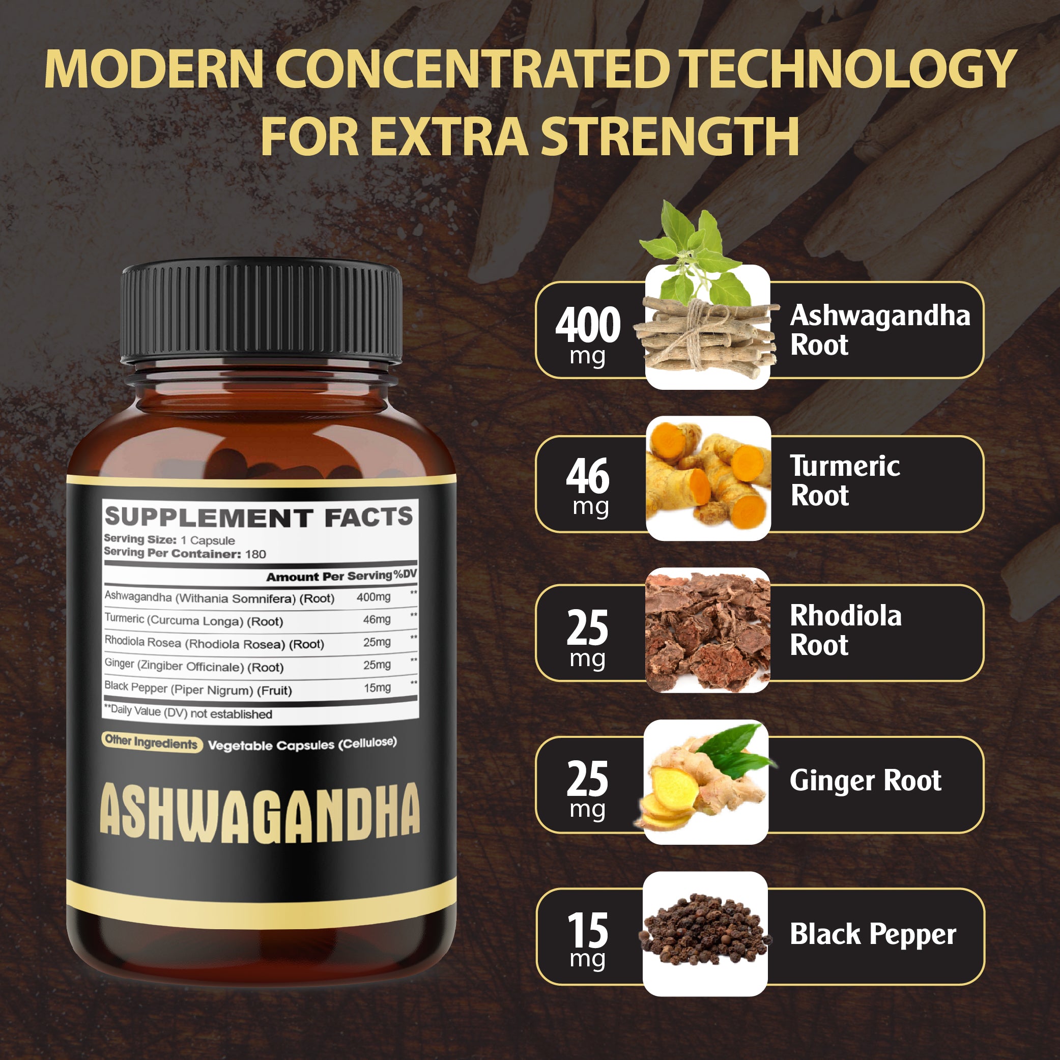 5in1 Premium Ashwagandha Capsules - Added Turmeric, Rhodiola Rosea, Ginger, Black Pepper - 180 Caps for 6 Months