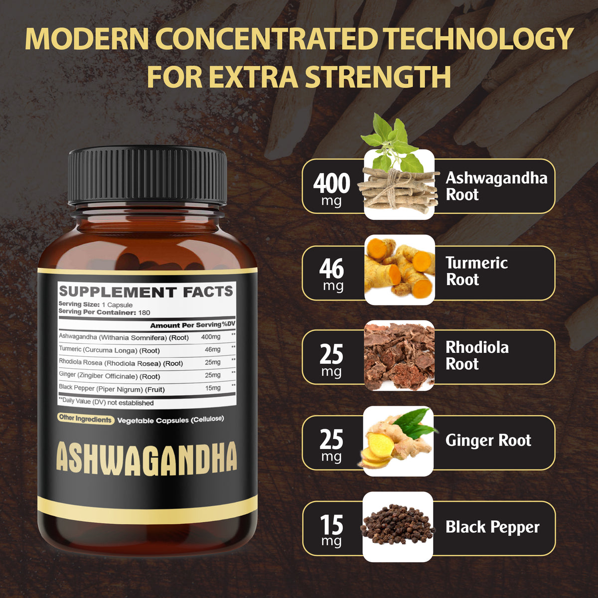 Ashwagandha 5-in-1 Capsules – Turmeric, Rhodiola Rosea, Ginger, and Black Pepper | Daily Balance & Energy Support | 180 Vegan Capsules