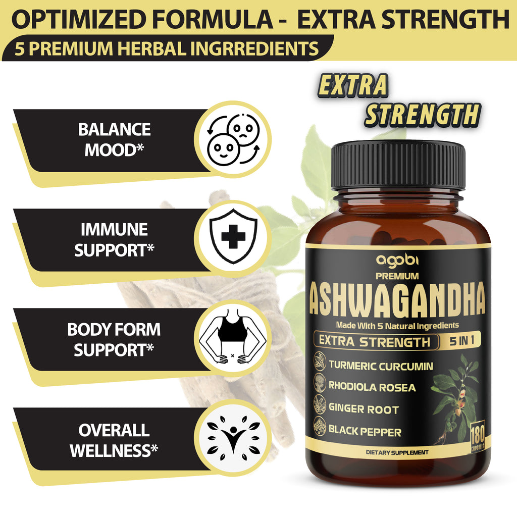 Ashwagandha 5-in-1 Capsules – Turmeric, Rhodiola Rosea, Ginger, and Black Pepper | Daily Balance & Energy Support | 180 Vegan Capsules
