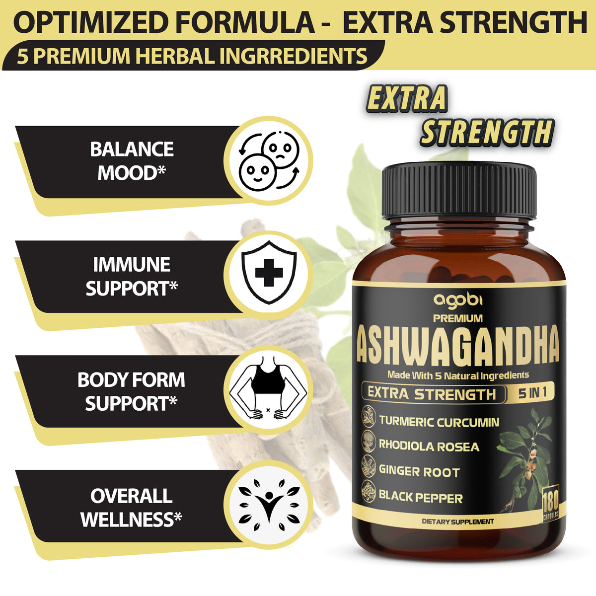 Ashwagandha 5-in-1 Capsules – Turmeric, Rhodiola Rosea, Ginger, and Black Pepper | Daily Balance & Energy Support | 180 Vegan Capsules