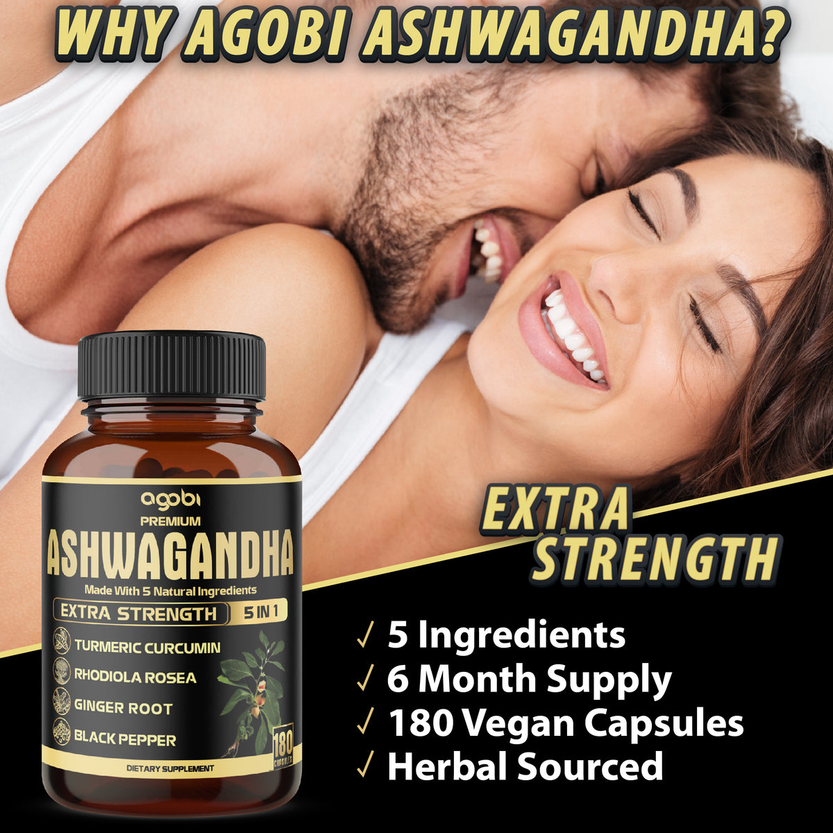Ashwagandha 5-in-1 Capsules – Turmeric, Rhodiola Rosea, Ginger, and Black Pepper | Daily Balance & Energy Support | 180 Vegan Capsules