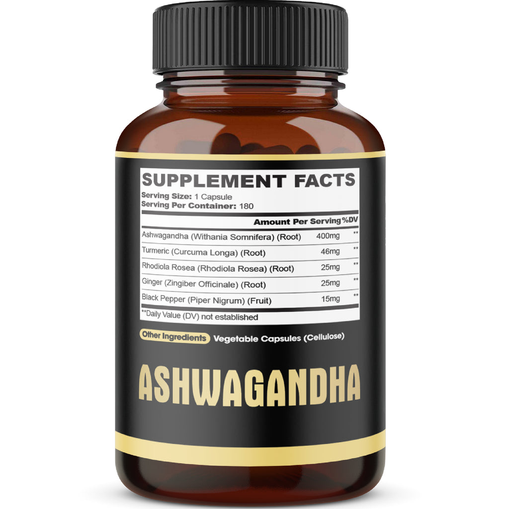 Ashwagandha 5-in-1 Capsules – Turmeric, Rhodiola Rosea, Ginger, and Black Pepper | Daily Balance & Energy Support | 180 Vegan Capsules