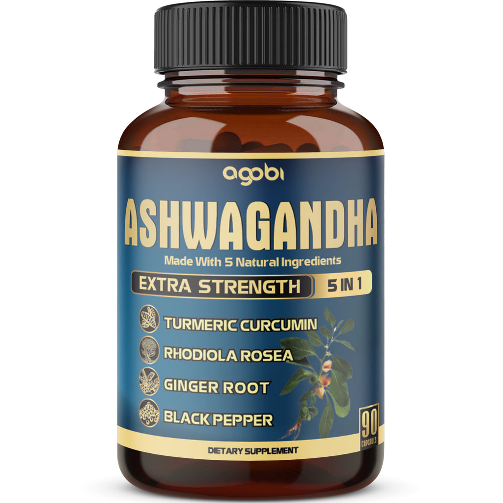 Agobi 5-in-1 Ashwagandha Blend Supplement – With Turmeric, Rhodiola & Ginger |90 Vegan Capsules