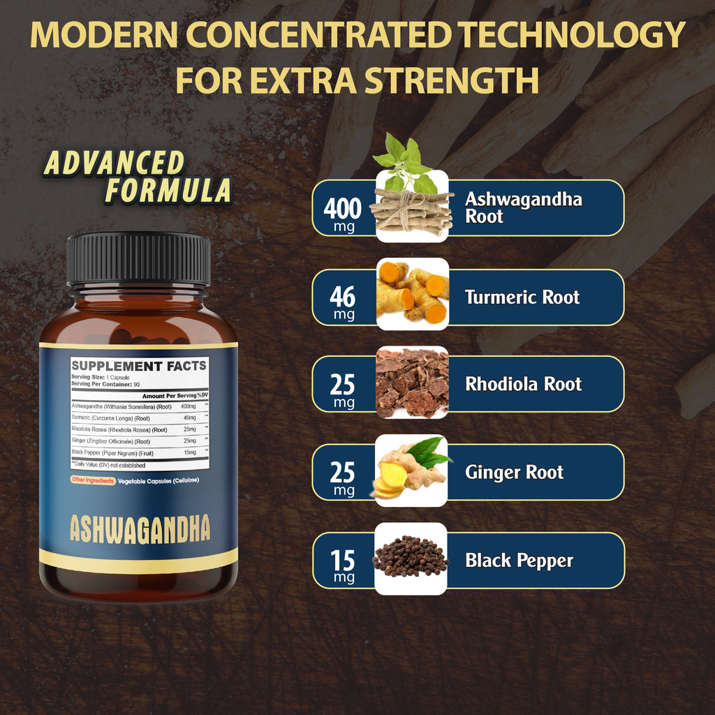 Agobi 5-in-1 Ashwagandha Blend Supplement – With Turmeric, Rhodiola & Ginger |90 Vegan Capsules