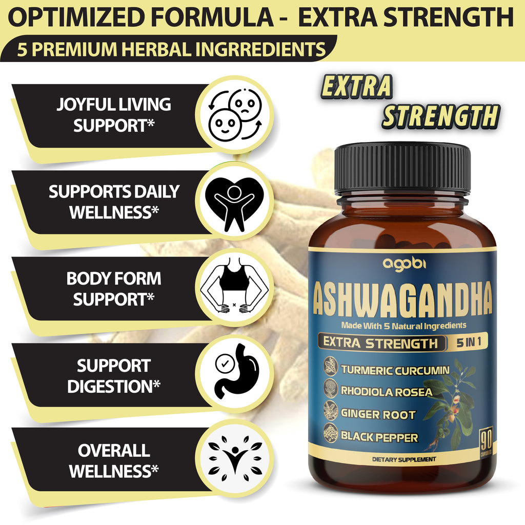 Agobi 5-in-1 Ashwagandha Blend Supplement – With Turmeric, Rhodiola & Ginger |90 Vegan Capsules