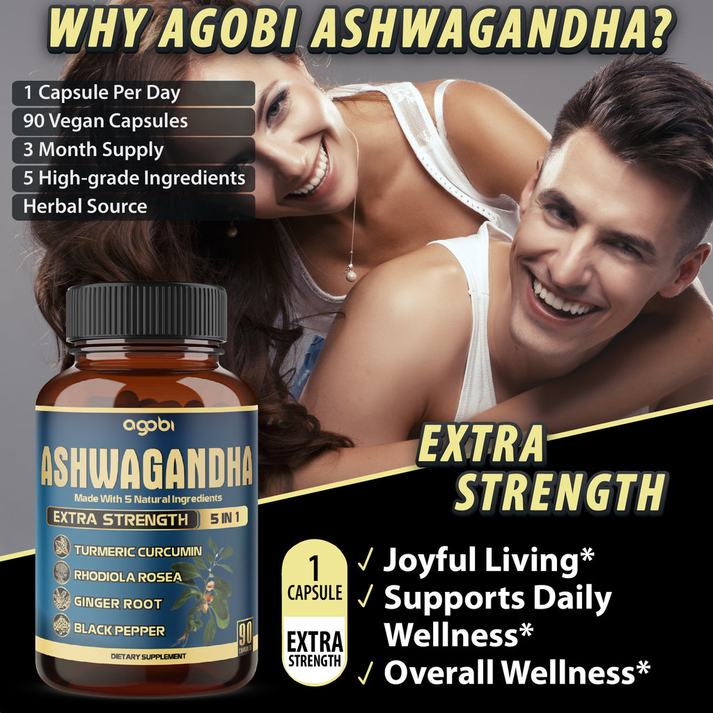 Agobi 5-in-1 Ashwagandha Blend Supplement – With Turmeric, Rhodiola & Ginger |90 Vegan Capsules
