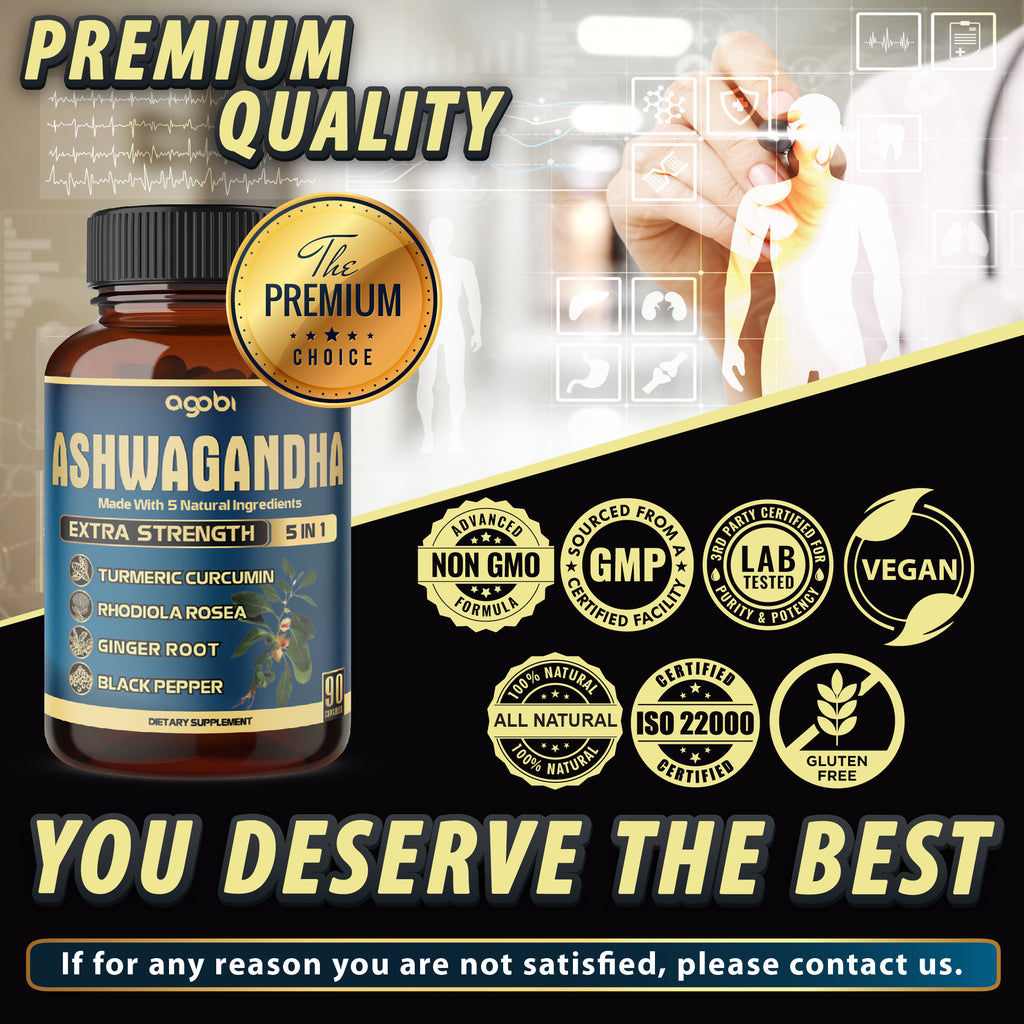 Agobi 5-in-1 Ashwagandha Blend Supplement – With Turmeric, Rhodiola & Ginger |90 Vegan Capsules