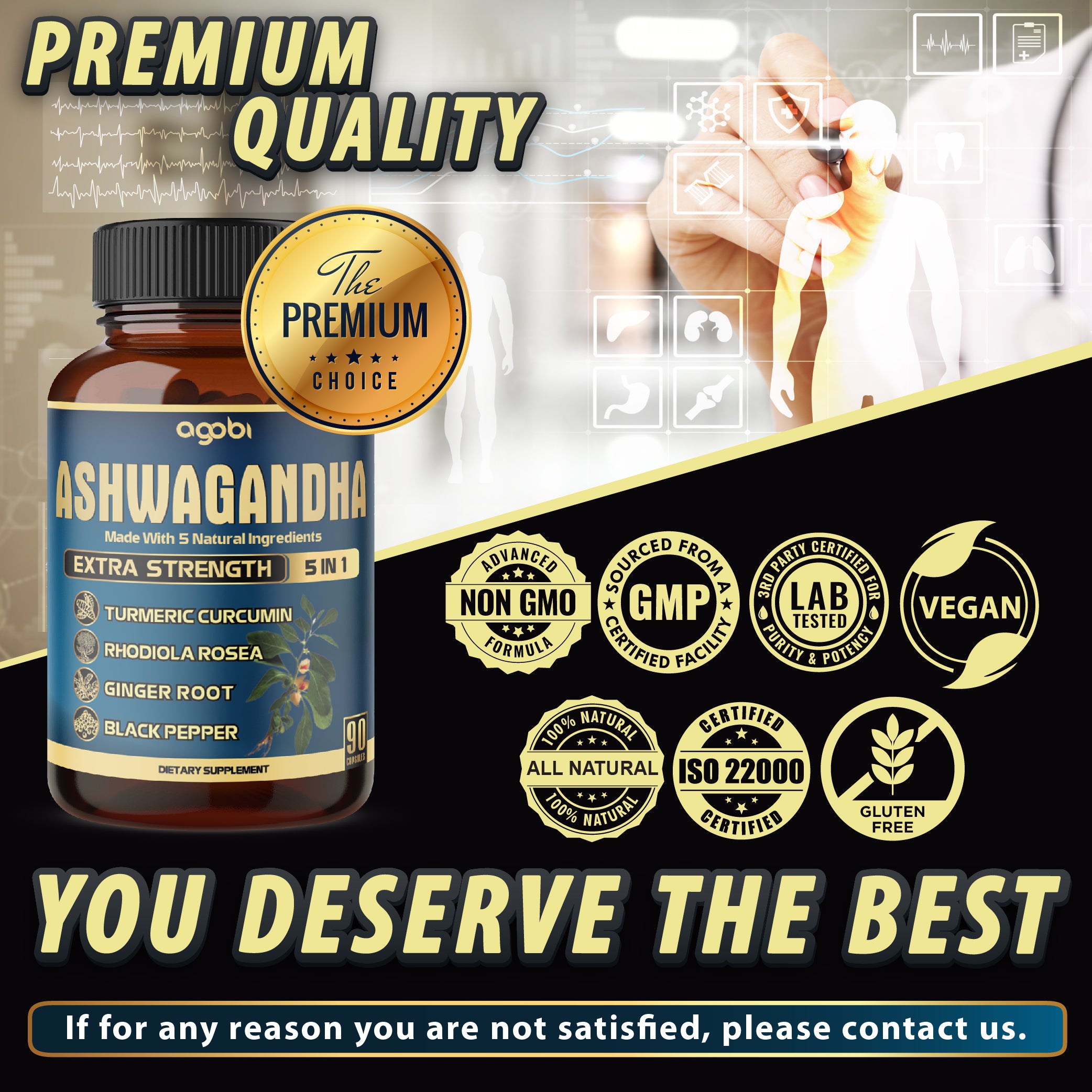 Ashwagandha Extract Capsule - Great Strength - 5in1 Blended Ginger, Turmeric, Rhodiola Rosea & Black Pepper - 90 Capsules for 3 Months - Strength, Spirit & Immune Support