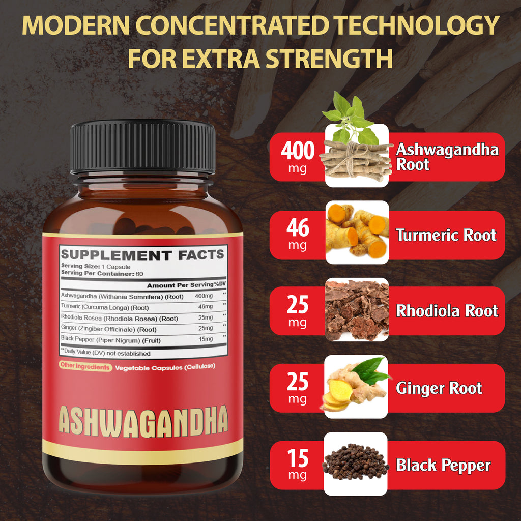 2 Packs - 60 Capsules Ashwagandha Capsules - 5in1 Formula Ashwagandha, Turmeric, Rhodiola Rosea, Ginger, Black Pepper - 4 Month Supply