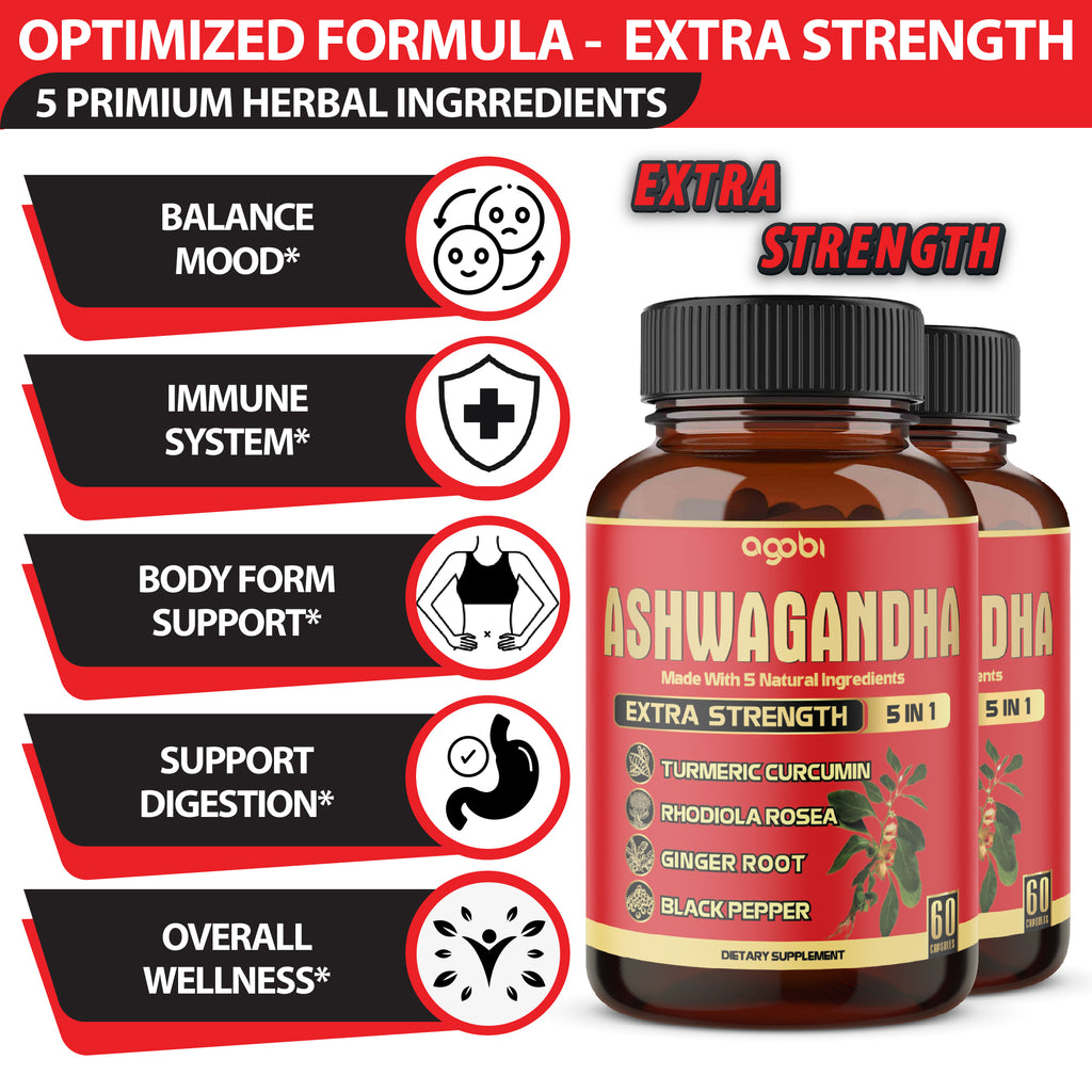 2 Packs - 60 Capsules Ashwagandha Capsules - 5in1 Formula Ashwagandha, Turmeric, Rhodiola Rosea, Ginger, Black Pepper - 4 Month Supply