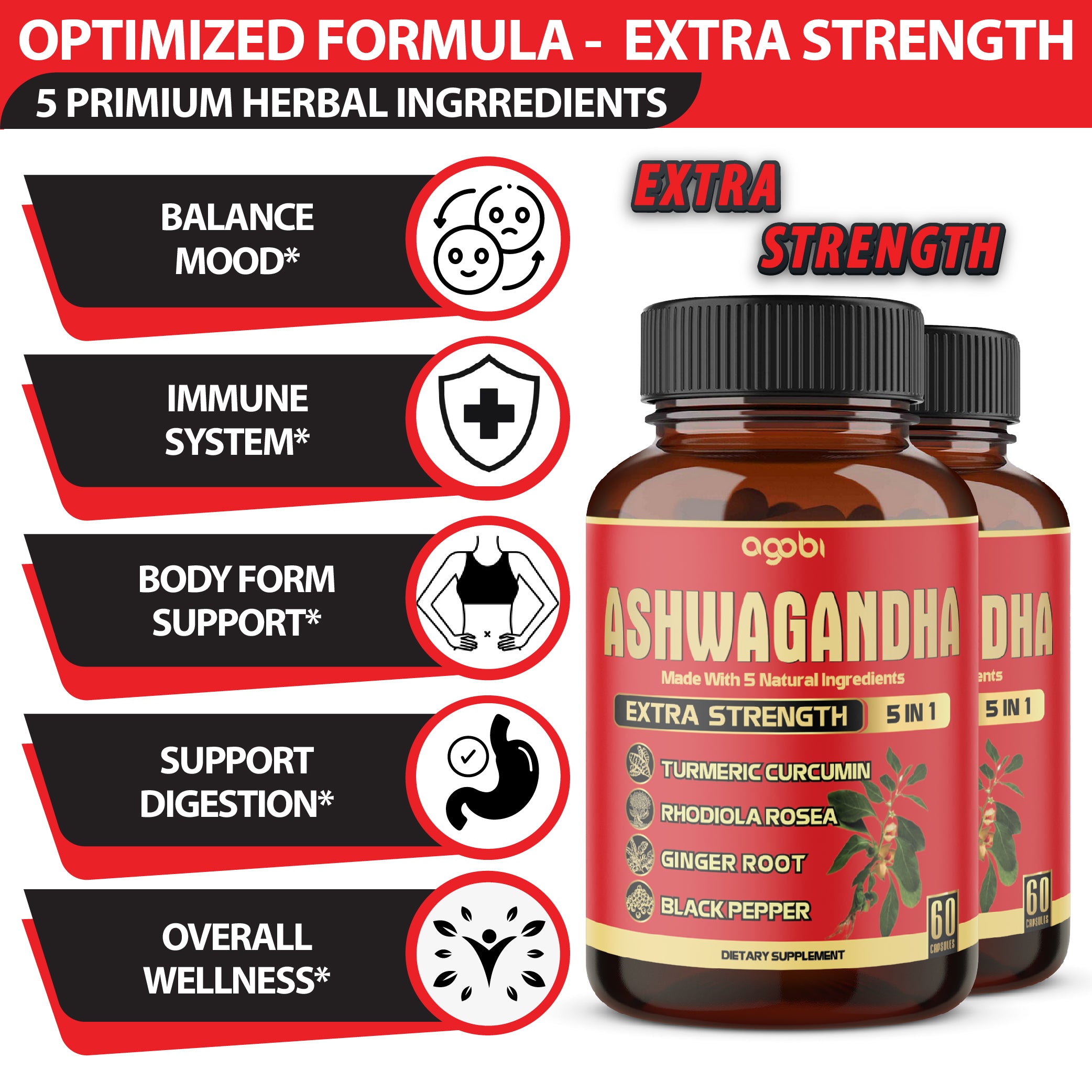 2 Packs - 60 Capsules Ashwagandha Capsules - High Concentrated - 5in1 Formula Ashwagandha, Turmeric, Rhodiola Rosea, Ginger, Black Pepper - 4 Month Supply