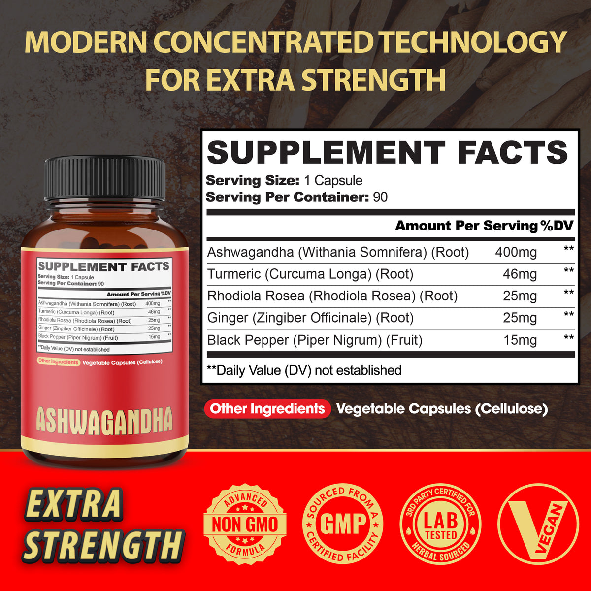 Ashwagandha 5-in-1 Capsules – Turmeric, Rhodiola, and Ginger | Daily Balance & Energy Support | 90 Vegan Capsules