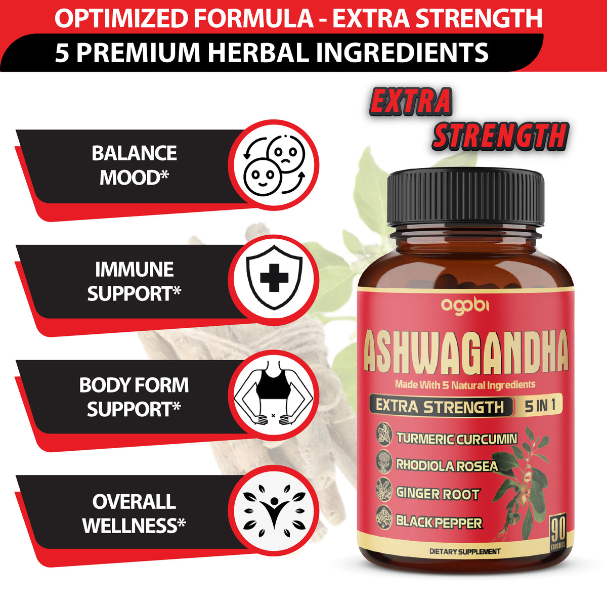 Ashwagandha 5-in-1 Capsules – Turmeric, Rhodiola, and Ginger | Daily Balance & Energy Support | 90 Vegan Capsules