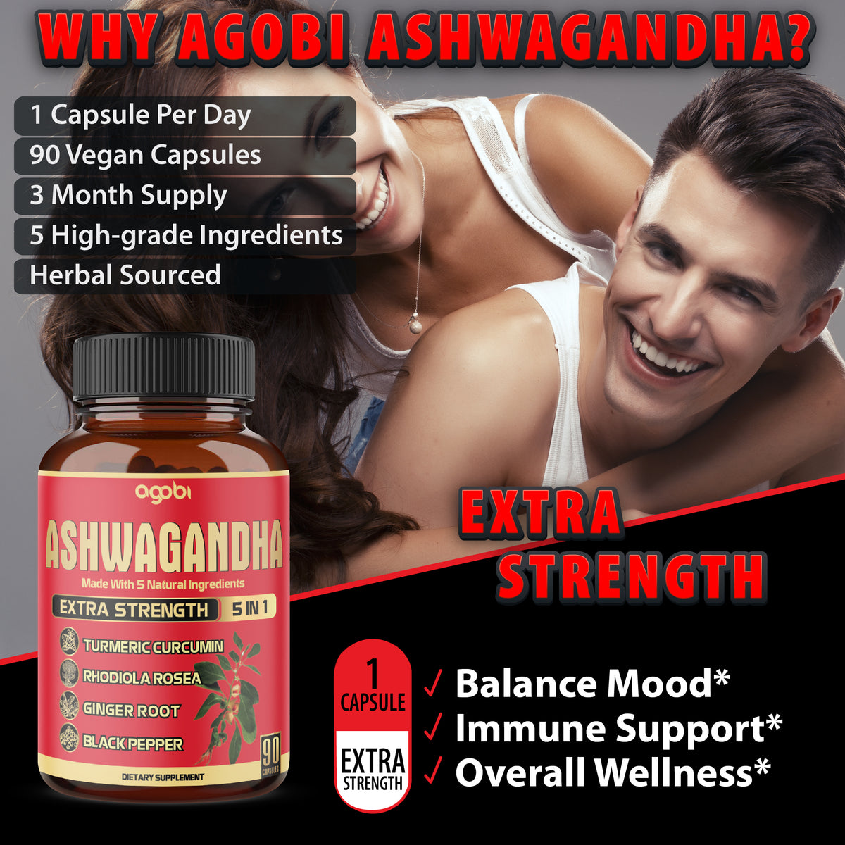 Ashwagandha 5-in-1 Capsules – Turmeric, Rhodiola, and Ginger | Daily Balance & Energy Support | 90 Vegan Capsules