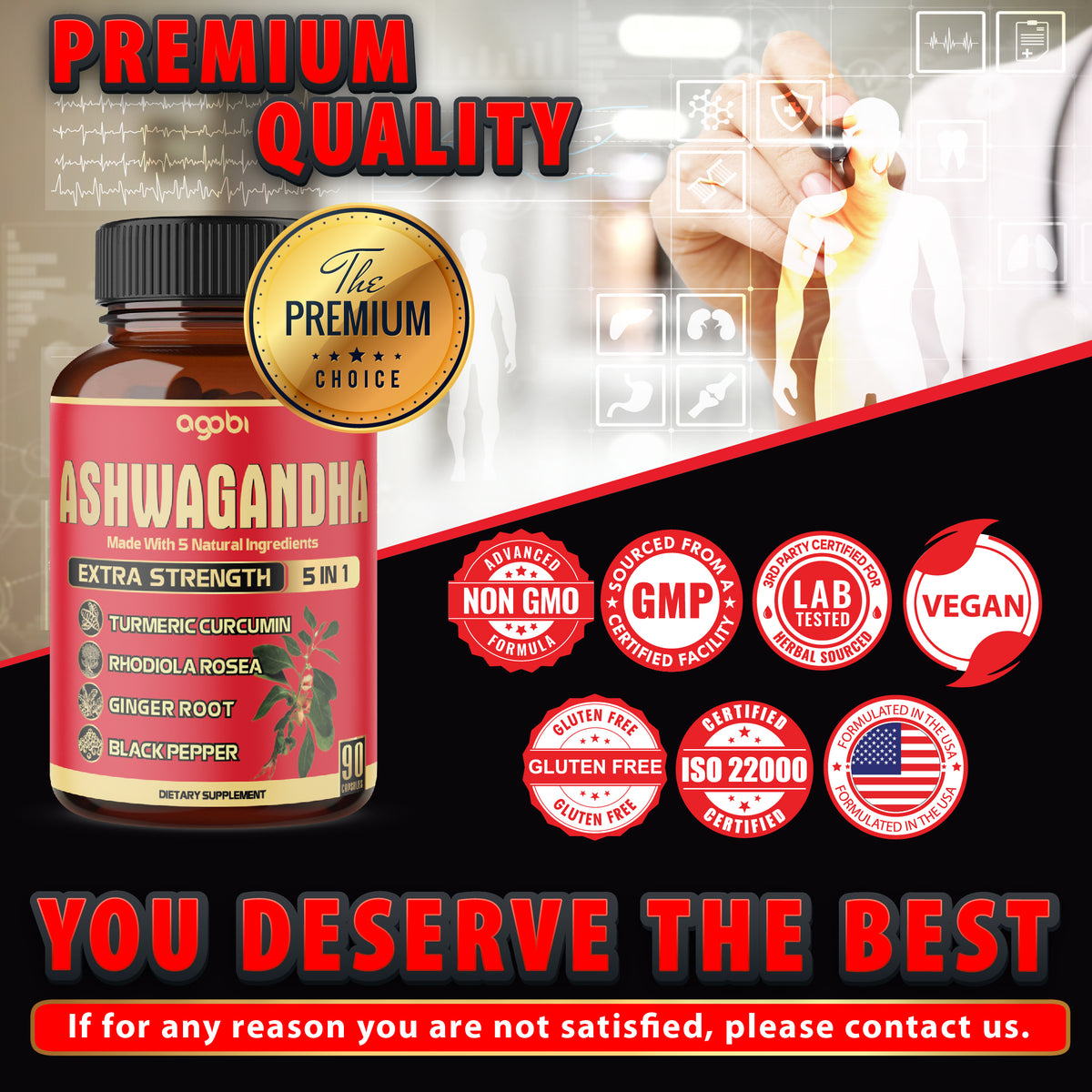 Ashwagandha 5-in-1 Capsules – Turmeric, Rhodiola, and Ginger | Daily Balance & Energy Support | 90 Vegan Capsules