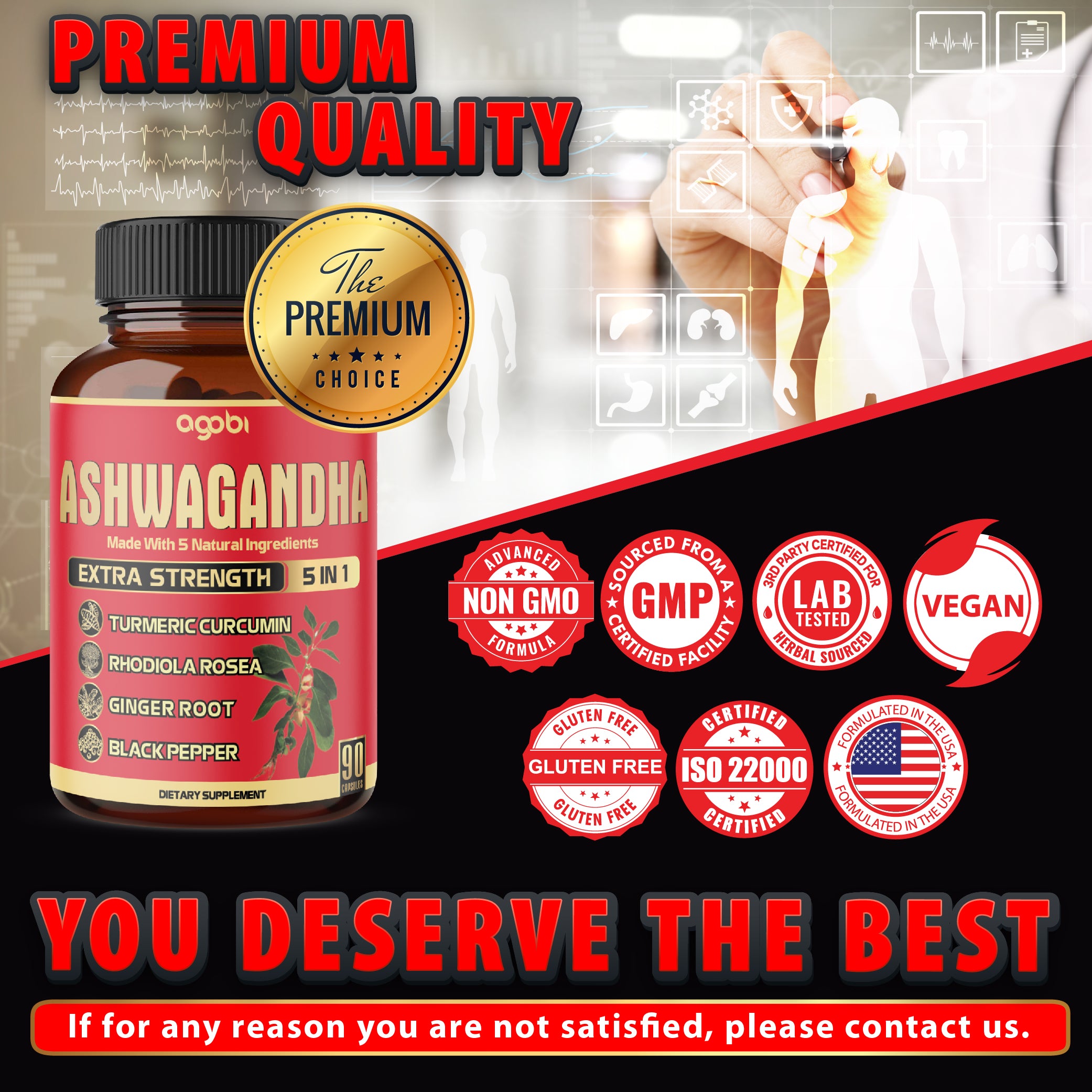 90 Capsules - Ashwagandha Supplement Capsules - Ginger Root, Turmeric, Rhodiola Rosea &amp; Black Pepper