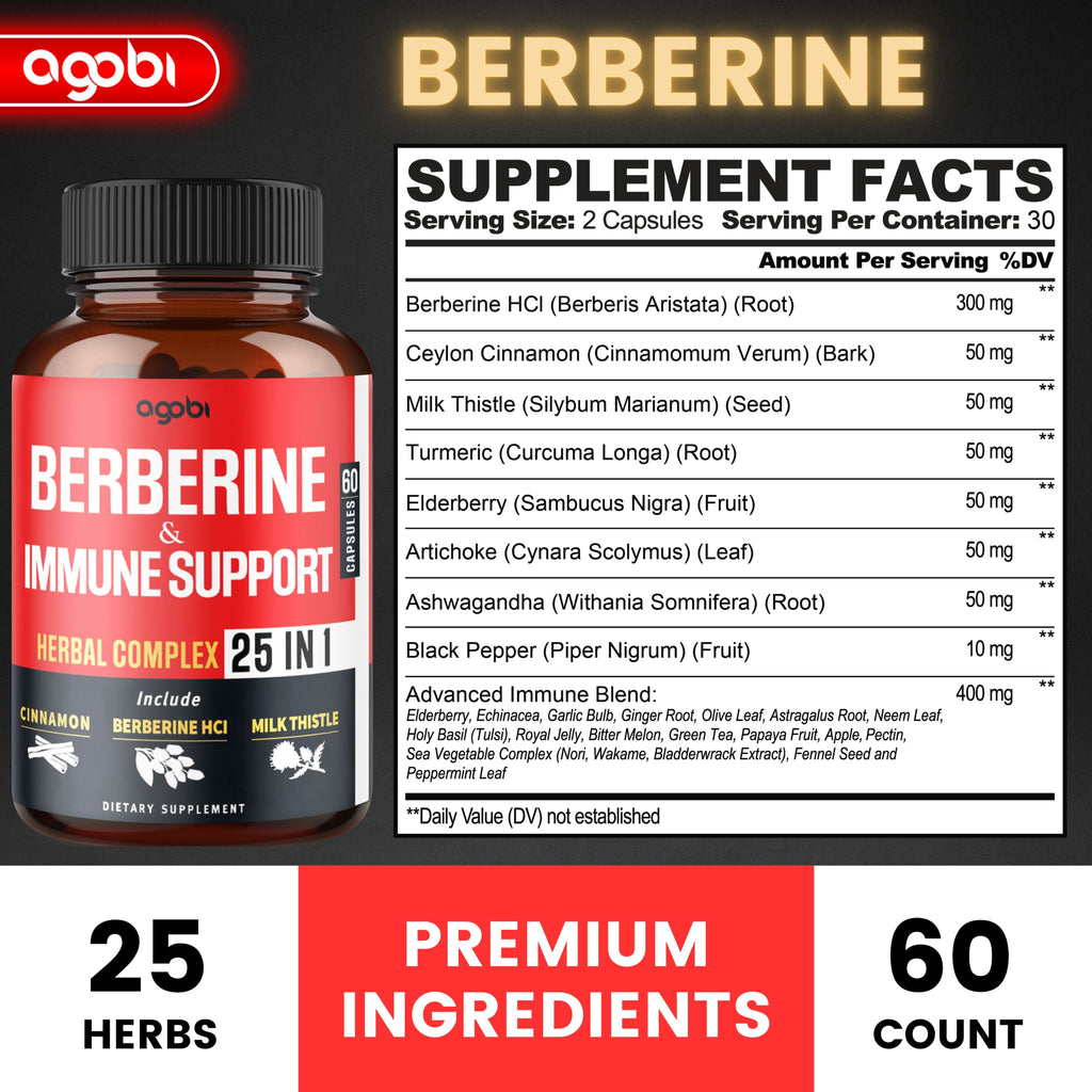 Agobi 25-in-1 Berberine Supplement – Premium Berberine HCl with Ceylon Cinnamon, Milk Thistle & Turmeric | 60 Vegan Capsules