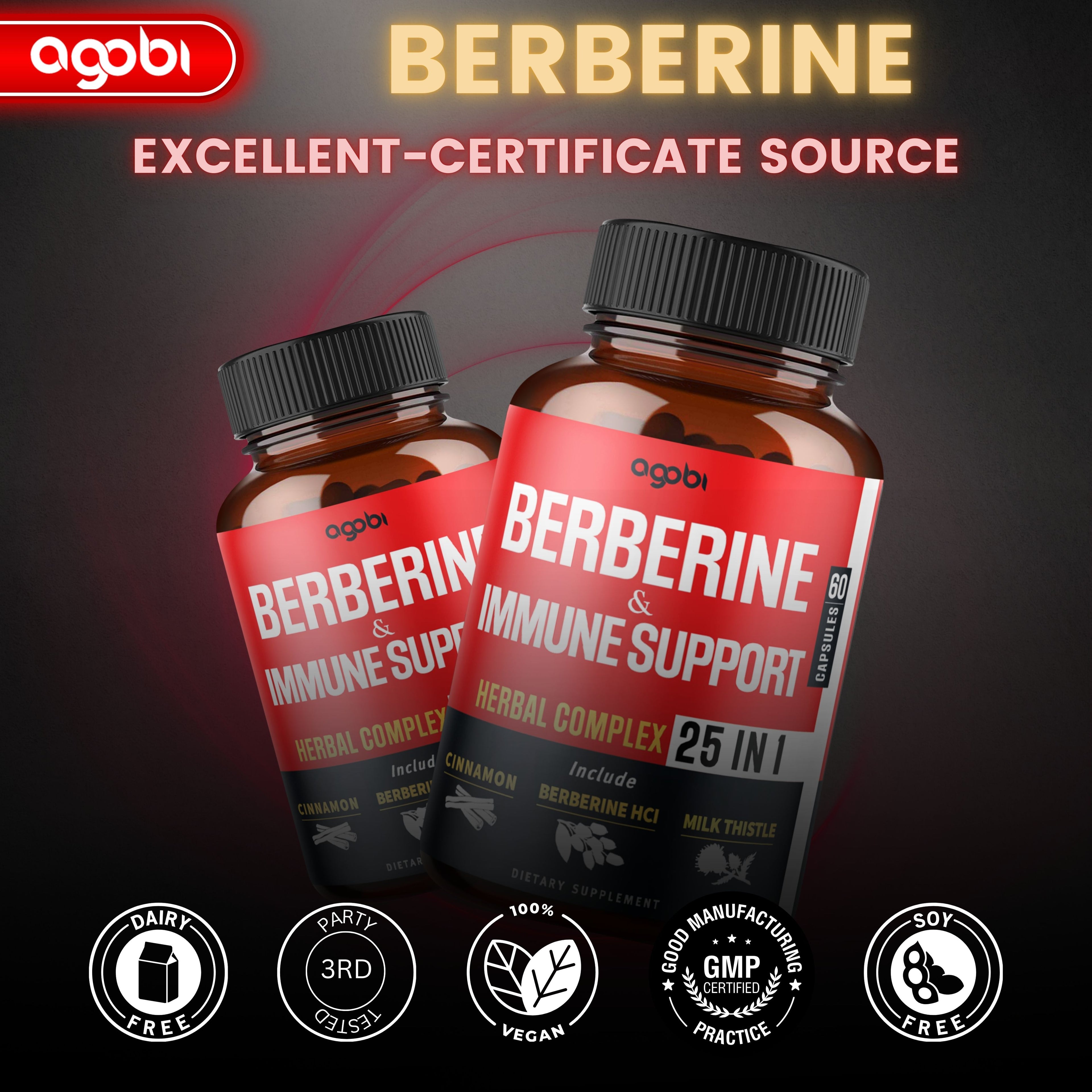 Premium Berberine Supplement with Ceylon, Ashwagandha, Turmeric, Milk Thistle, Elderberry & Black Pepper - Supports Defense System, Cardiovascular & Gastrointestinal - 60 Capsules