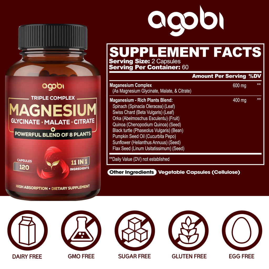 Agobi 11-in-1 Triple Magnesium Complex Supplement – High Absorption Glycinate, Malate & Citrate with Spinach & Pumpkin Seed | Strength, Energy Production & Immune Support | 120 Vegan Capsules