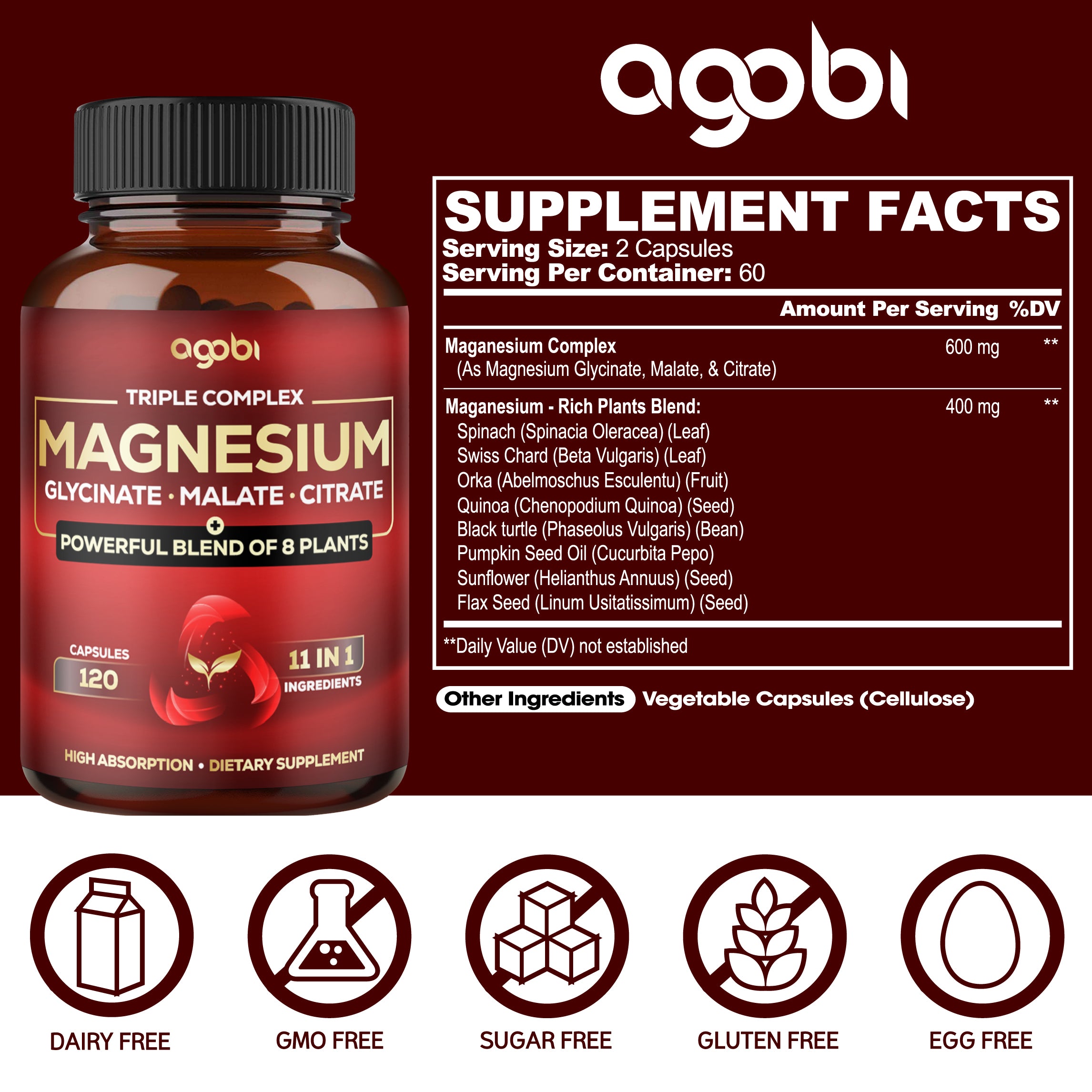 Magnesium Triple Complex - 600mg Magnesium Glycinate, Malate & Citrate - Added Spinach, Swiss Chard & Others - Support Calm, Restful Mood & Muscle Cramp - 120 Capsules