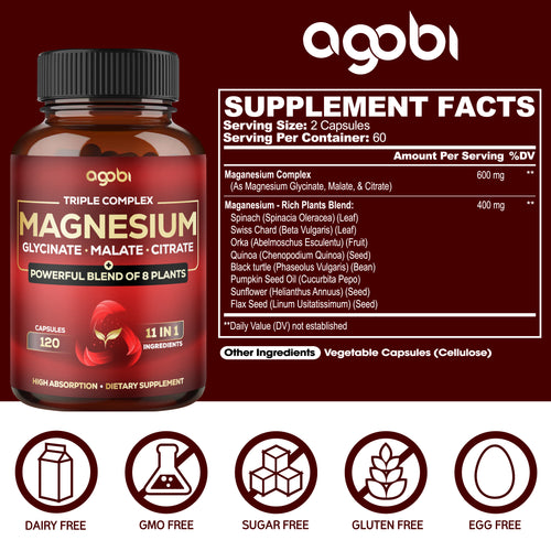 Agobi 11-in-1 Triple Magnesium Complex Supplement – High Absorption Glycinate, Malate & Citrate with Spinach & Pumpkin Seed | Strength, Energy Production & Immune Support | 120 Vegan Capsules