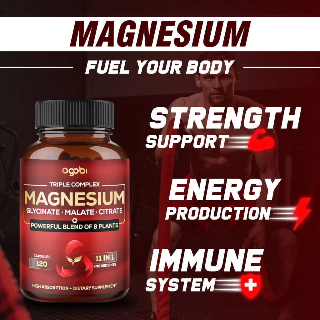 Agobi 11-in-1 Triple Magnesium Complex Supplement – High Absorption Glycinate, Malate & Citrate with Spinach & Pumpkin Seed | Strength, Energy Production & Immune Support | 120 Vegan Capsules