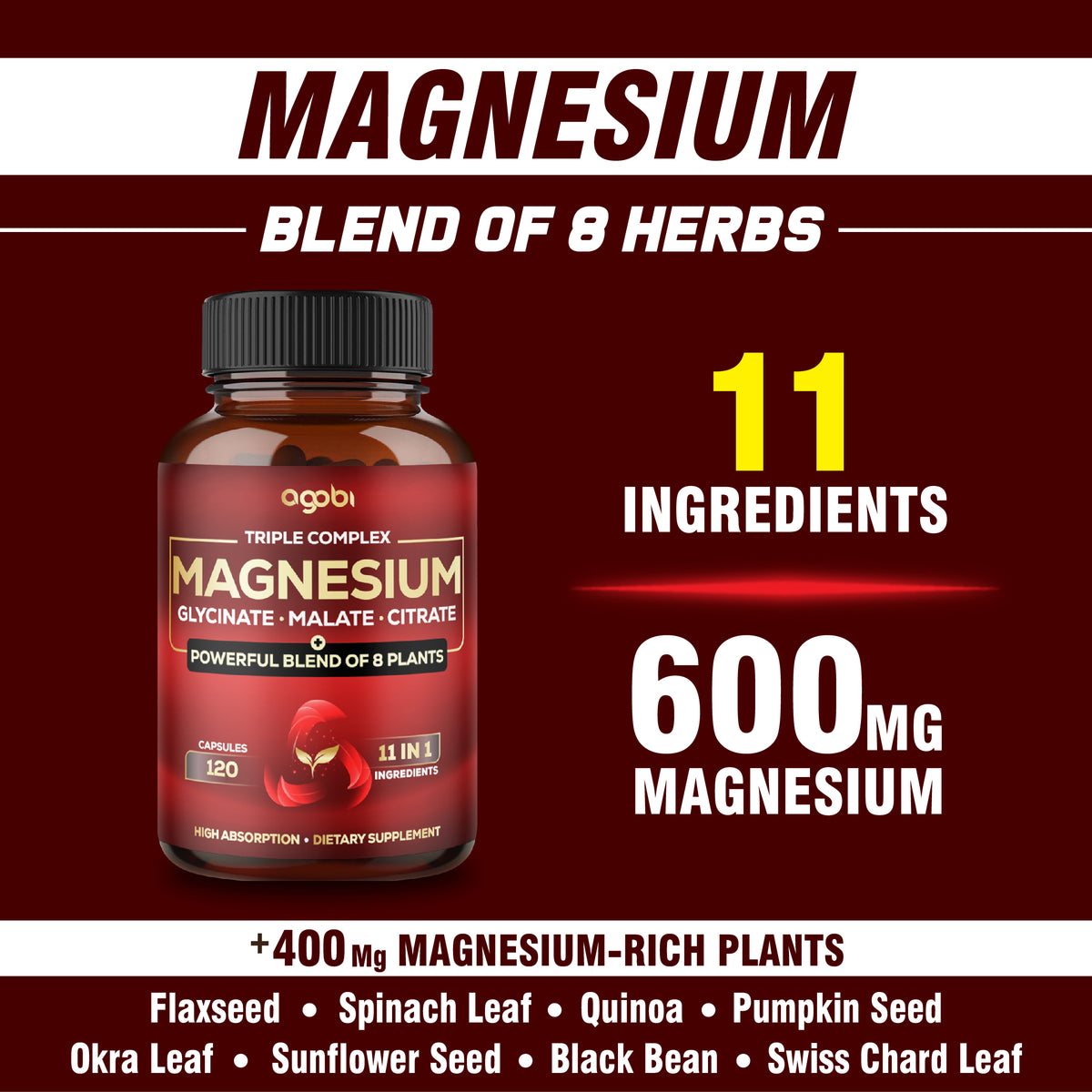 Triple Magnesium Complex 11-in-1 Capsules – Glycinate, Malate, and Citrate | Energy Production & Immune Support | 120 Vegan Capsules