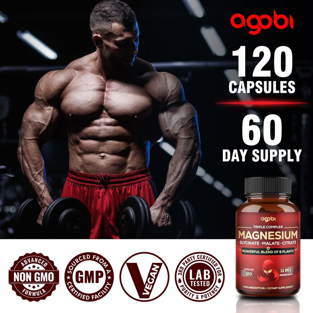 Agobi 11-in-1 Triple Magnesium Complex Supplement – High Absorption Glycinate, Malate & Citrate with Spinach & Pumpkin Seed | Strength, Energy Production & Immune Support | 120 Vegan Capsules