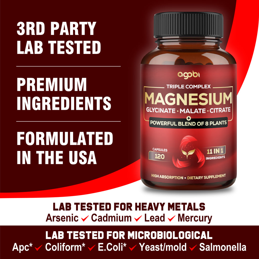 Agobi 11-in-1 Triple Magnesium Complex Supplement – High Absorption Glycinate, Malate & Citrate with Spinach & Pumpkin Seed | Strength, Energy Production & Immune Support | 120 Vegan Capsules
