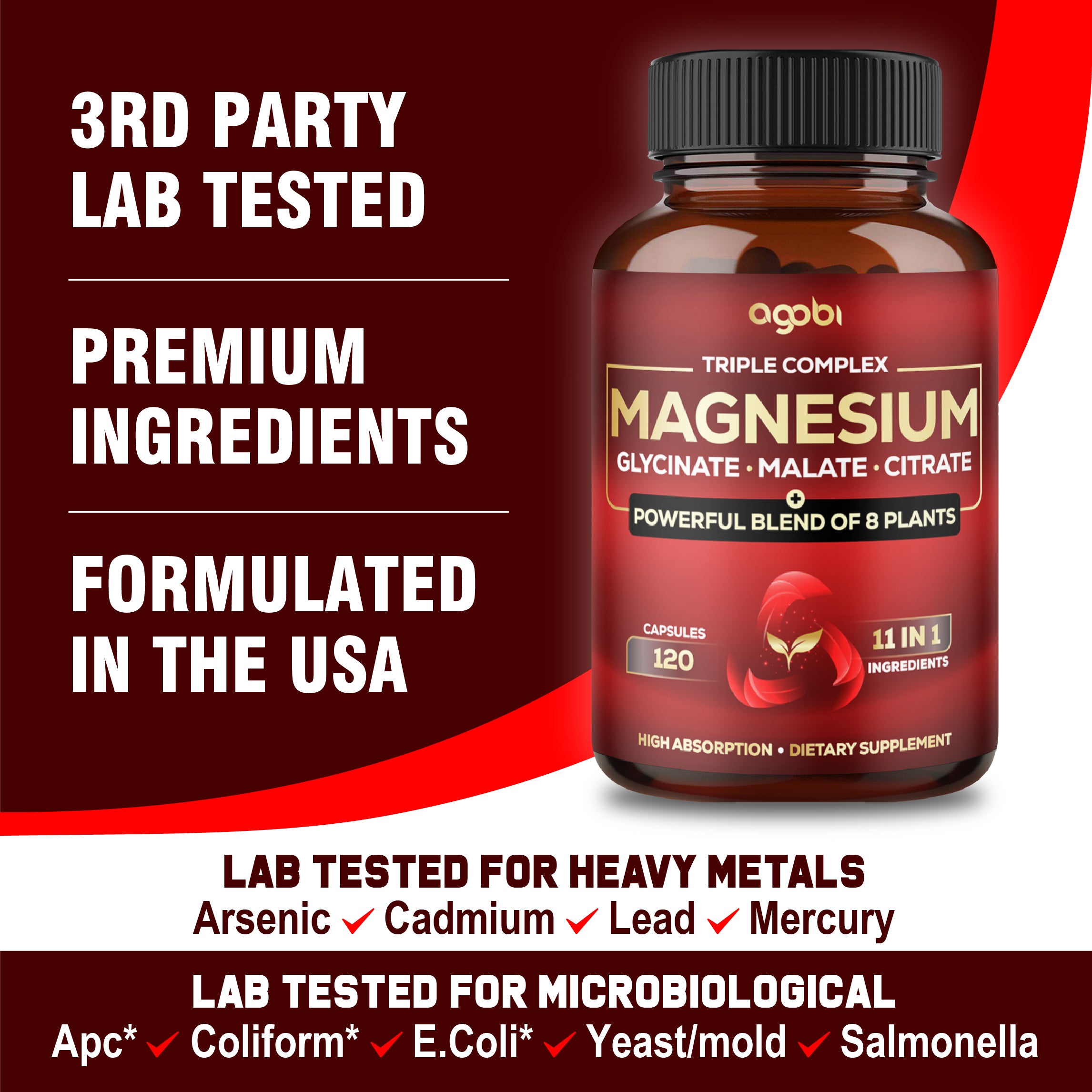 Magnesium Triple Complex - 600mg Magnesium Glycinate, Malate & Citrate - Added Spinach, Swiss Chard & Others - Support Calm, Restful Mood & Muscle Cramp - 120 Capsules