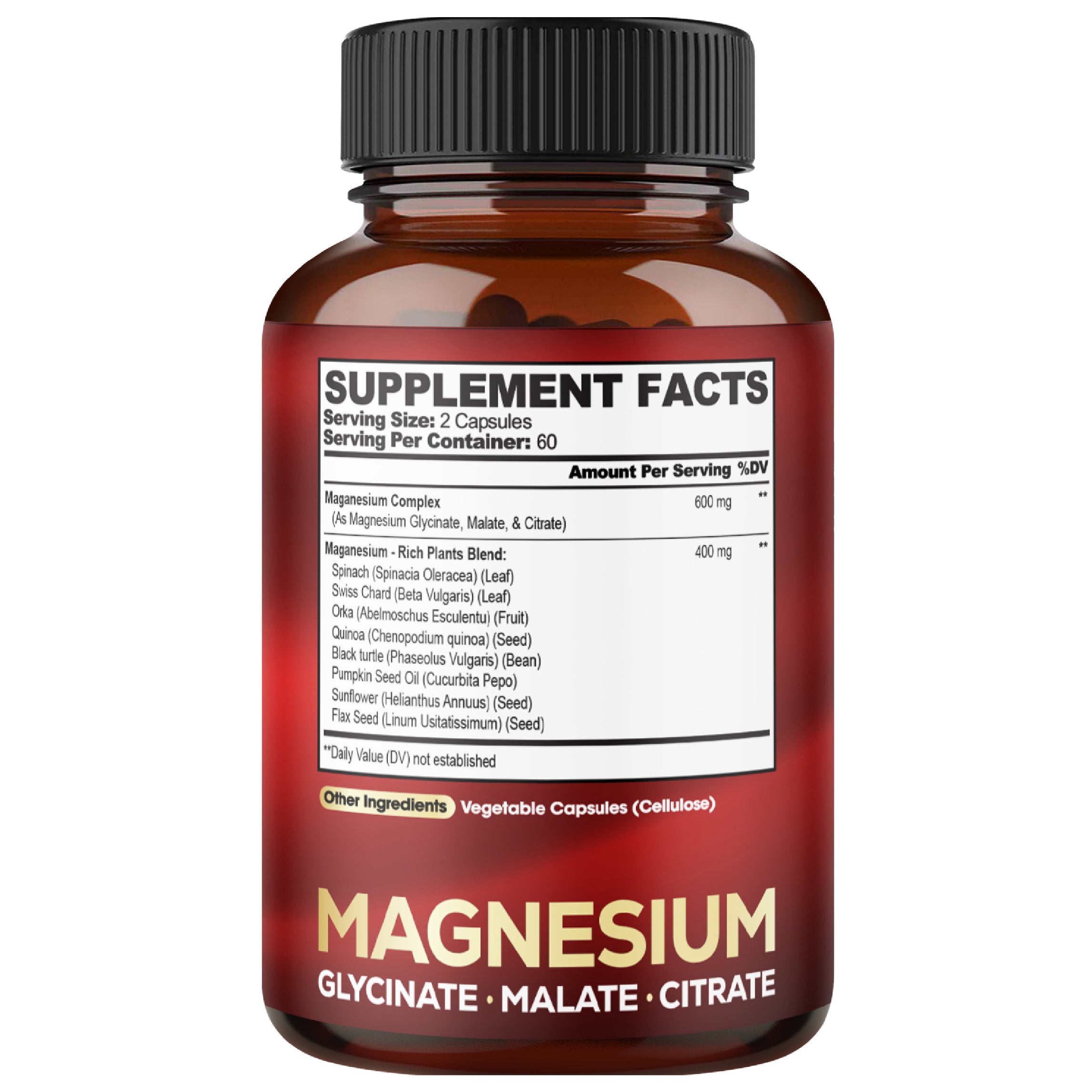 Magnesium Triple Complex - 600mg Magnesium Glycinate, Malate & Citrate - Added Spinach, Swiss Chard & Others - Support Calm, Restful Mood & Muscle Cramp - 120 Capsules