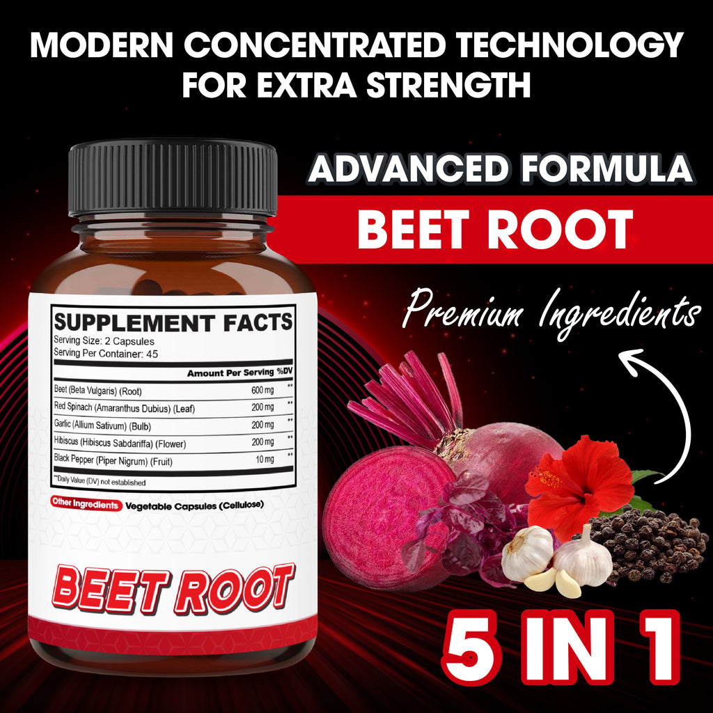 Agobi 5-in-1 Beet Root Supplement – Extra Strength Formula with Red Spinach, Garlic Bulb & Hibiscus | 90 Vegan Capsules