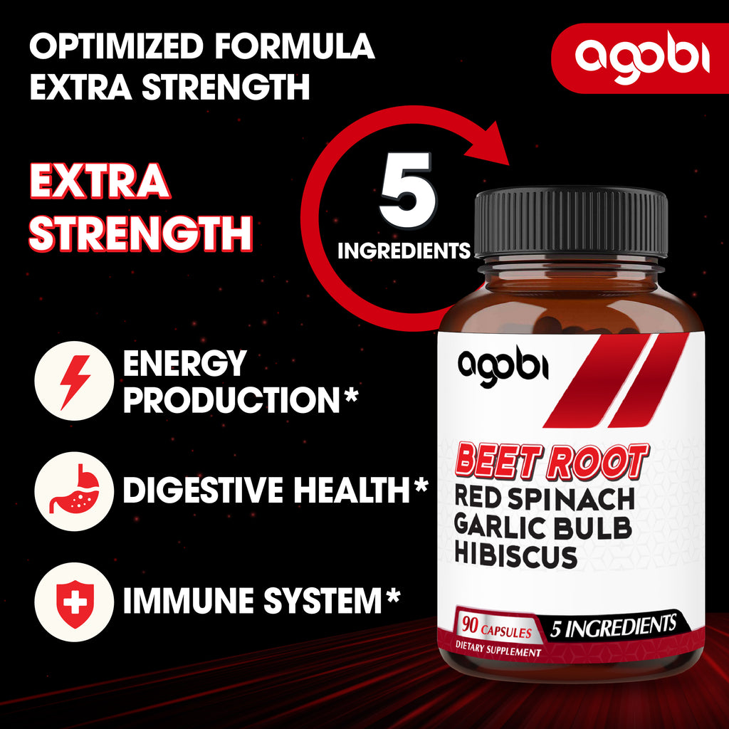 Agobi 5-in-1 Beet Root Supplement – Extra Strength Formula with Red Spinach, Garlic Bulb & Hibiscus | 90 Vegan Capsules