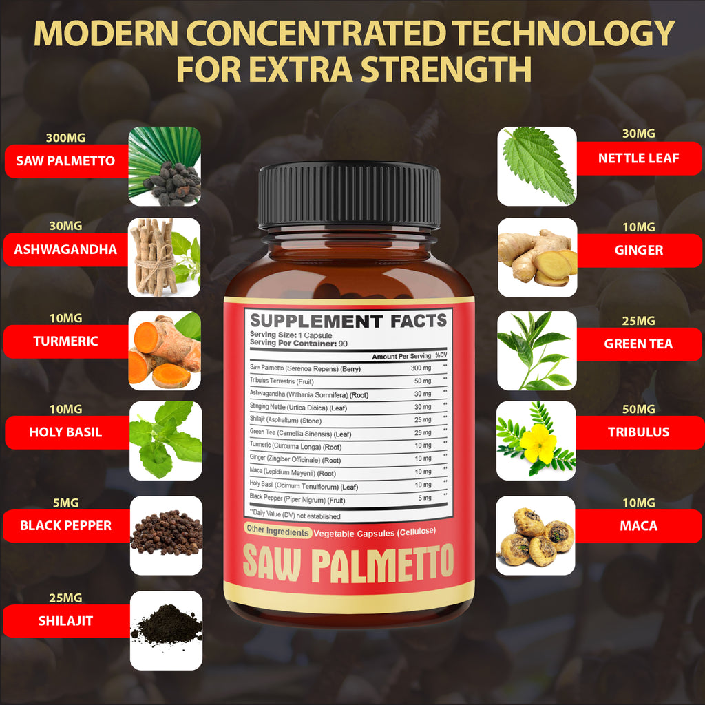 11in1 Saw Palmetto Capsules - Combined with Ashwagandha, Turmeric, Tribulus, Maca, Green Tea, Ginger, Holy Basil & More - 90 Capsules 3-Month Supply