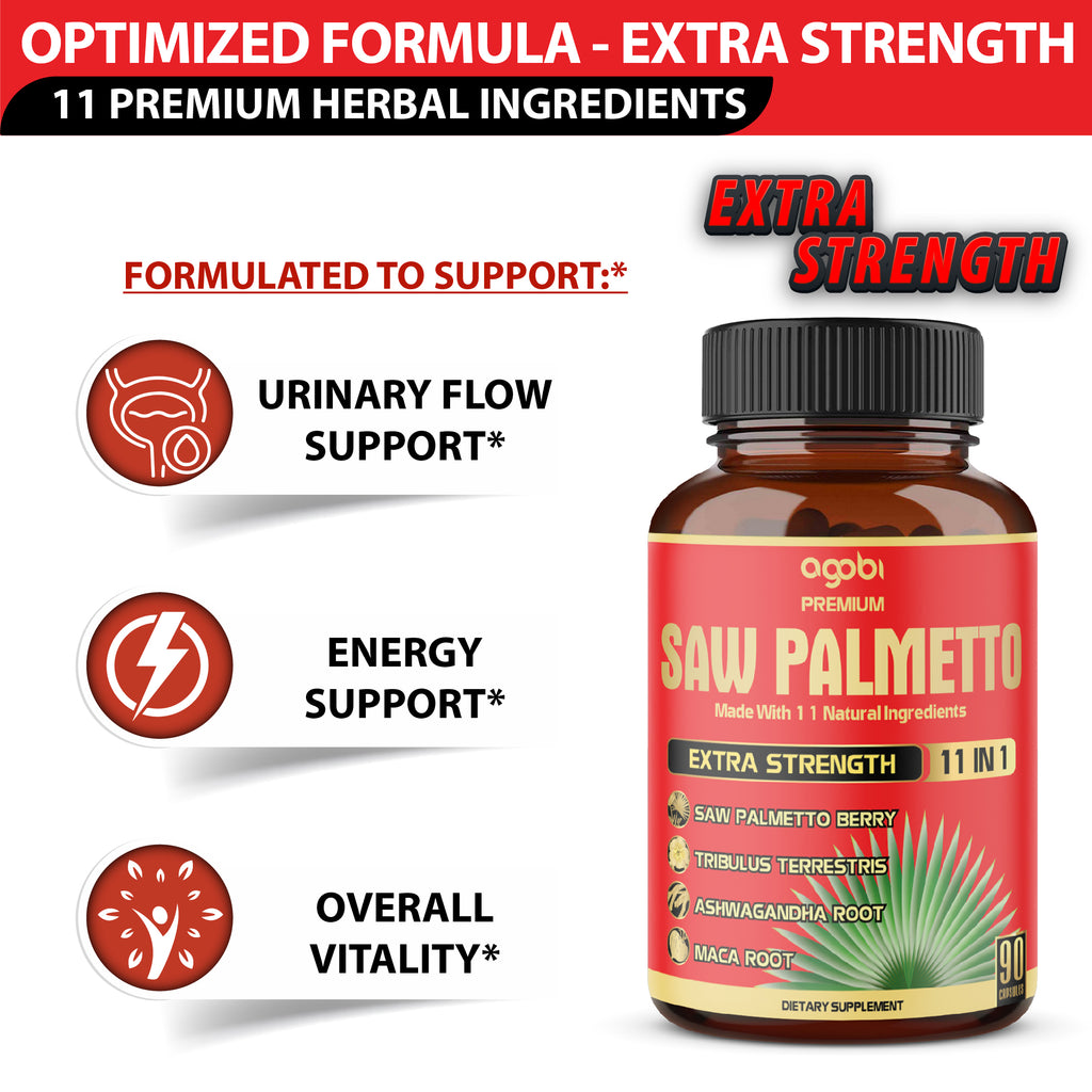 11in1 Saw Palmetto Capsules - Combined with Ashwagandha, Turmeric, Tribulus, Maca, Green Tea, Ginger, Holy Basil & More - 90 Capsules 3-Month Supply
