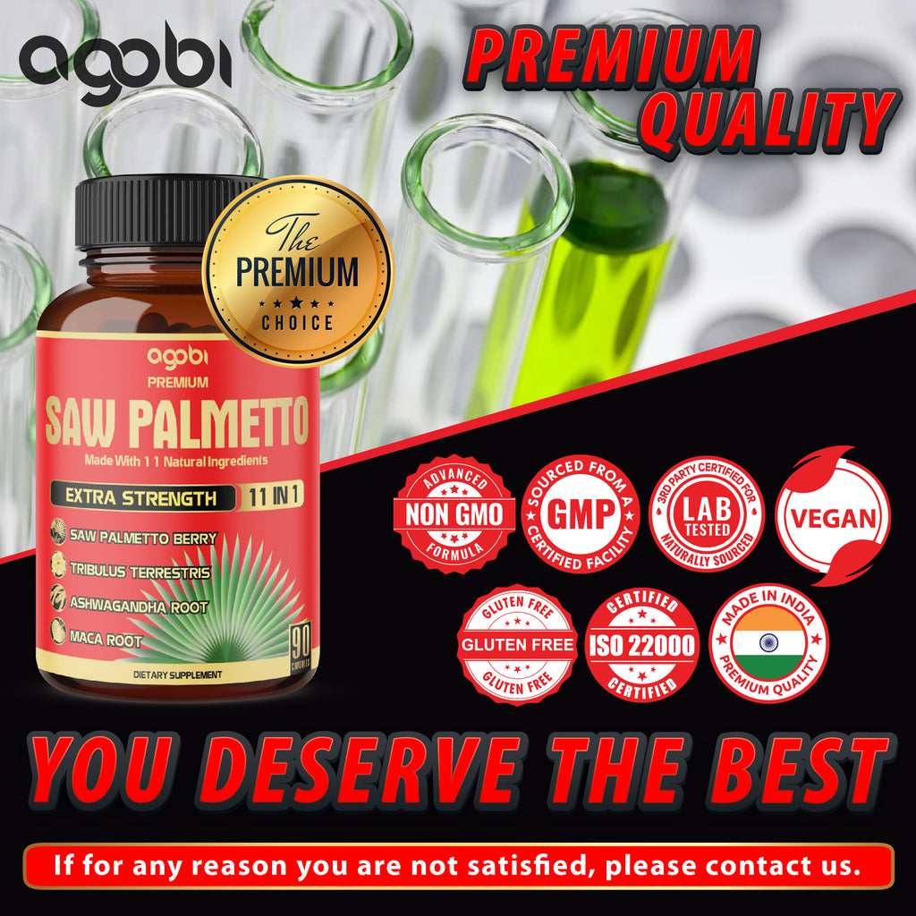 11in1 Saw Palmetto Capsules - Combined with Ashwagandha, Turmeric, Tribulus, Maca, Green Tea, Ginger, Holy Basil & More - 90 Capsules 3-Month Supply